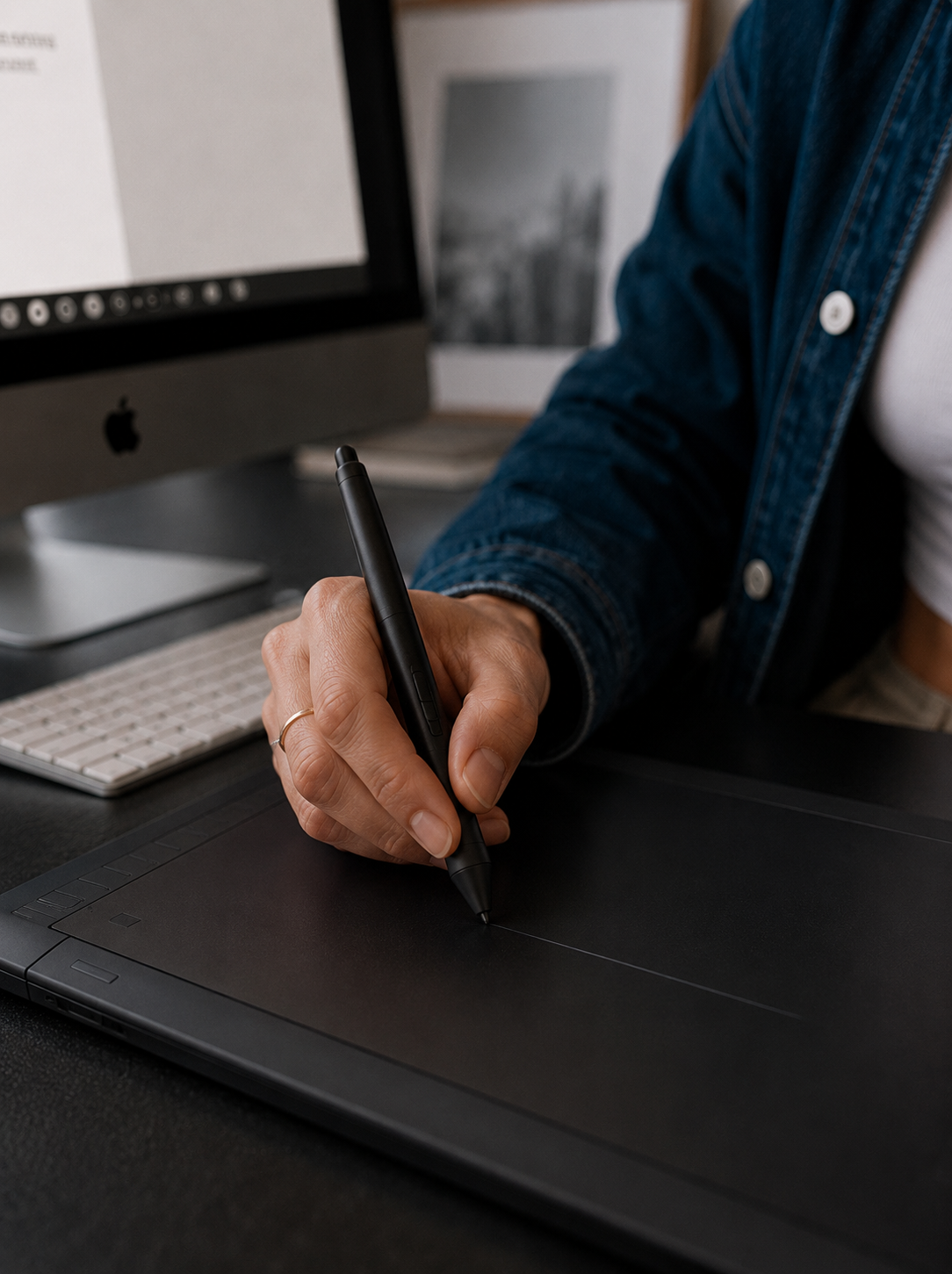 Mains tenant un stylet au-dessus d'une tablette graphique Wacom noire, iMac et vue urbaine en fond