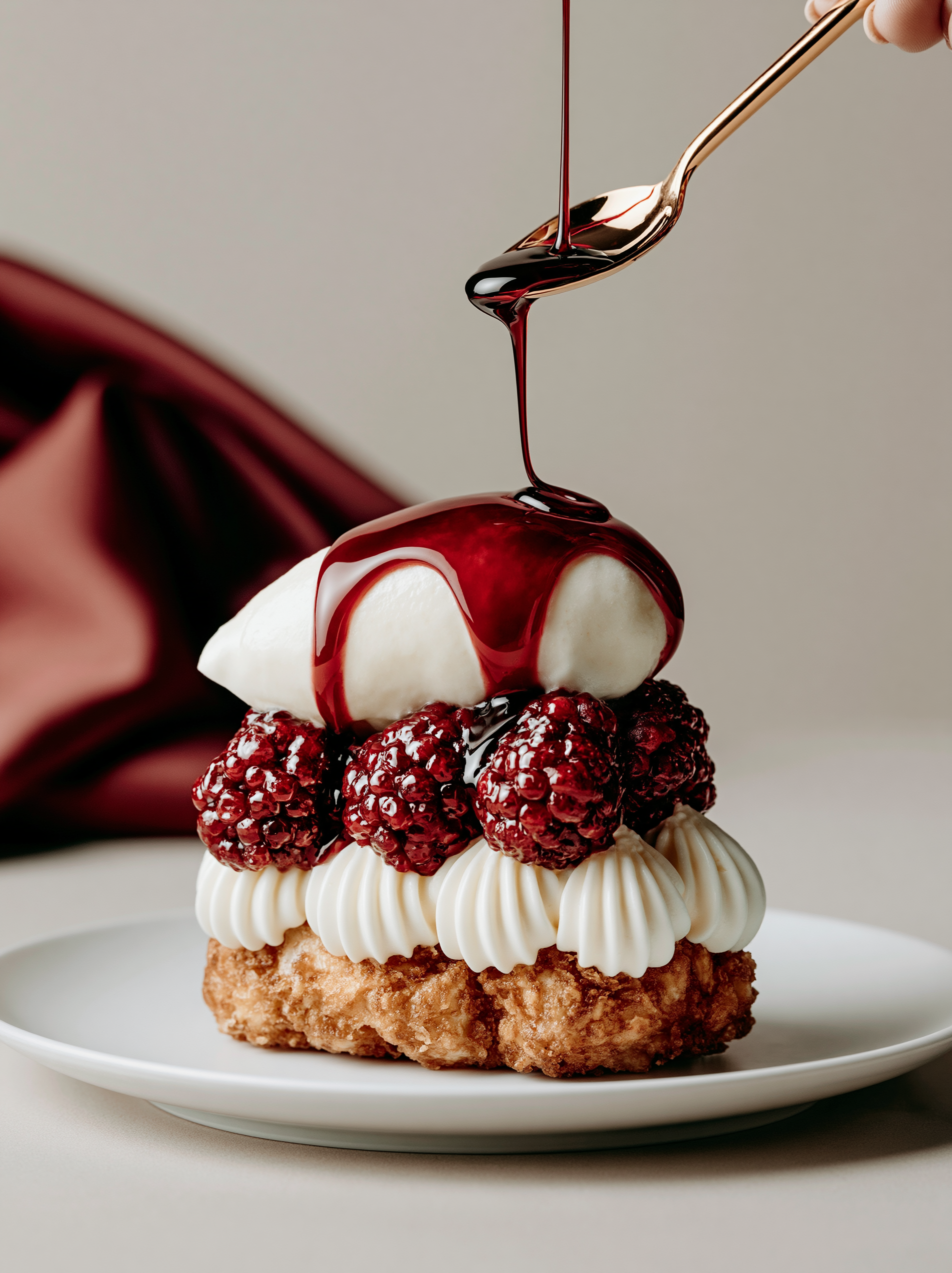 Main versant coulis de fruits rouges sur pâtisserie – choux garnis, mûres, assiette blanche