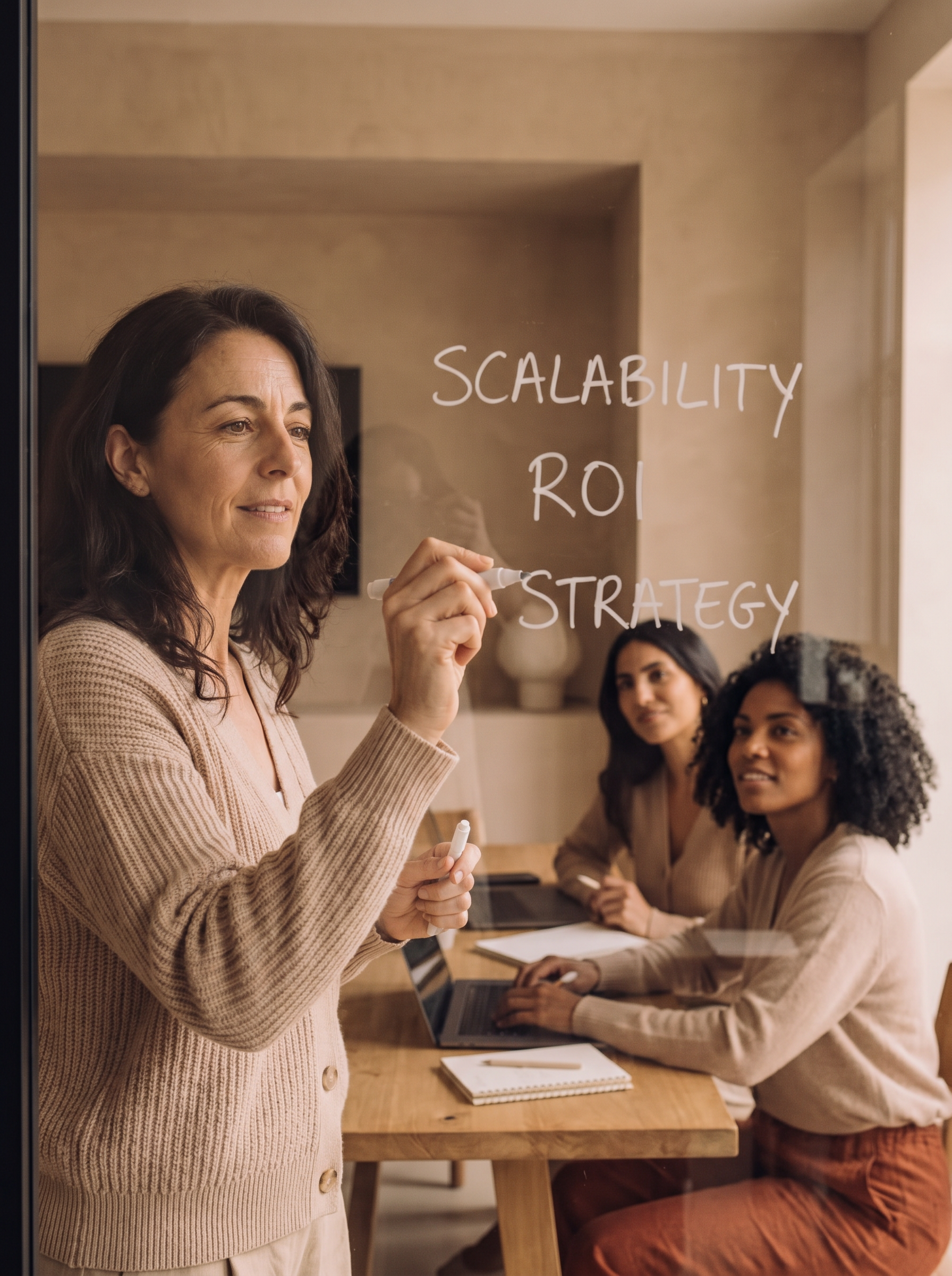 Femme écrivant Scalability ROI Strategy sur une vitre devant son équipe dans un bureau
