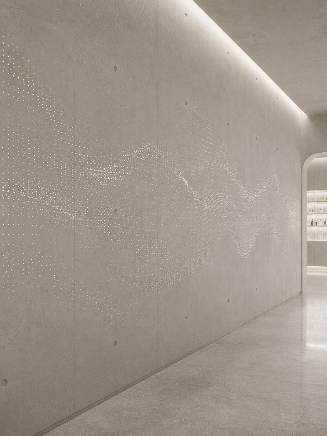Grand mur en béton orné d'un motif tourbillonnant de perles incrustées, installation murale nacrée