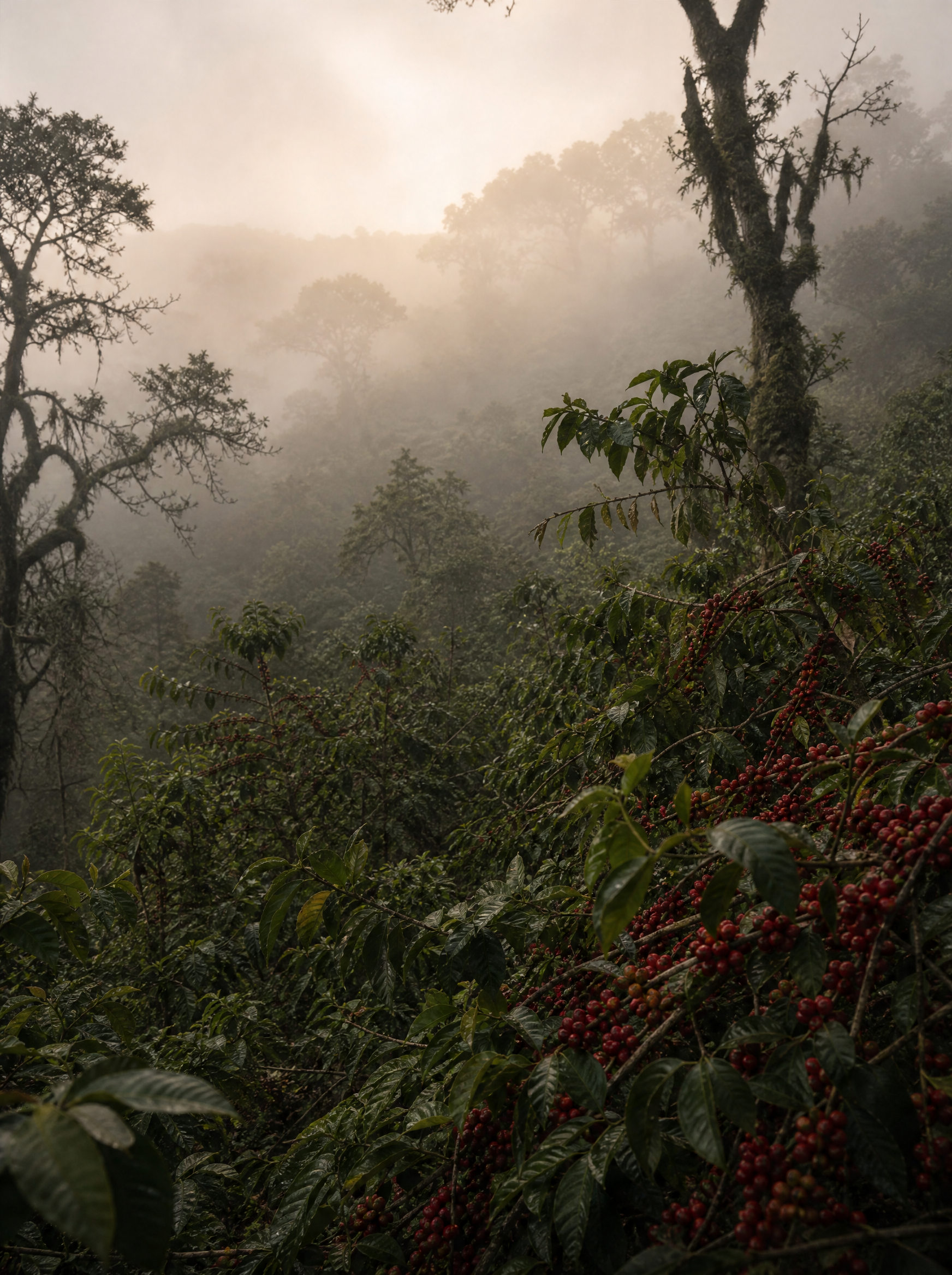 Plantation de caféiers dans la brume – cerises rouges mûres, végétation dense, lumière brumeuse