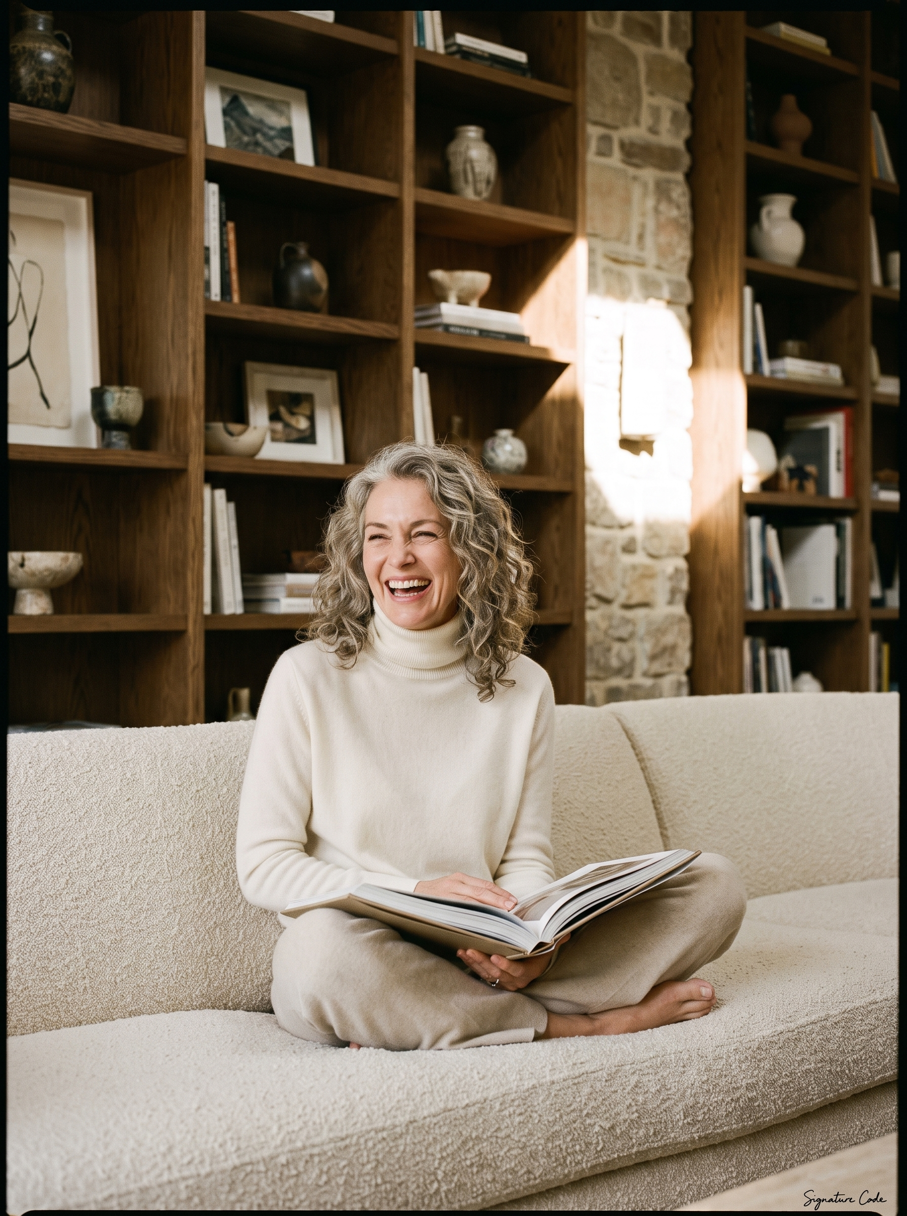 Femme senior aux cheveux bouclés riant avec un livre sur un canapé