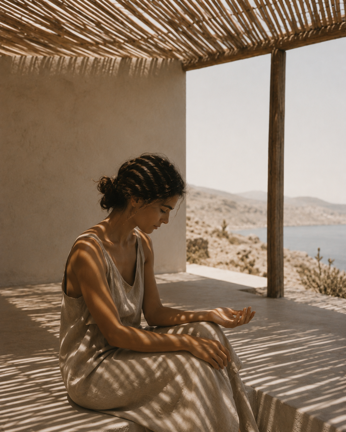 Femme en robe de lin assise sous pergola de roseau – jeu d'ombres rayées et vue mer