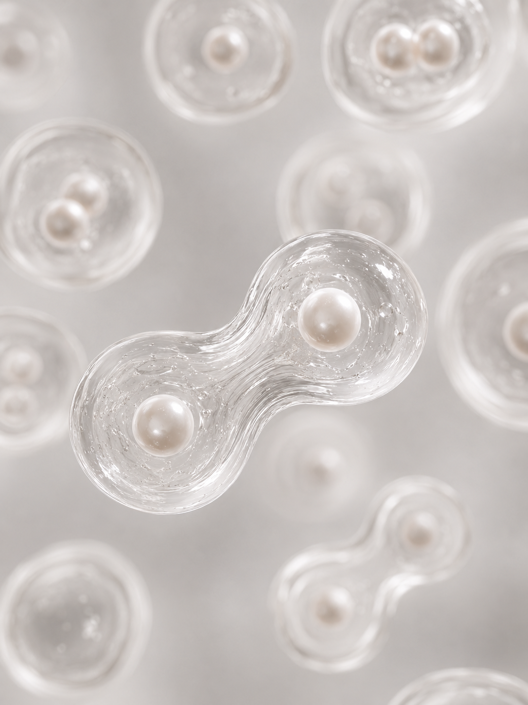 Cellules translucides biomorphiques renfermant des perles, art bio-conceptuel nacré en gros plan
