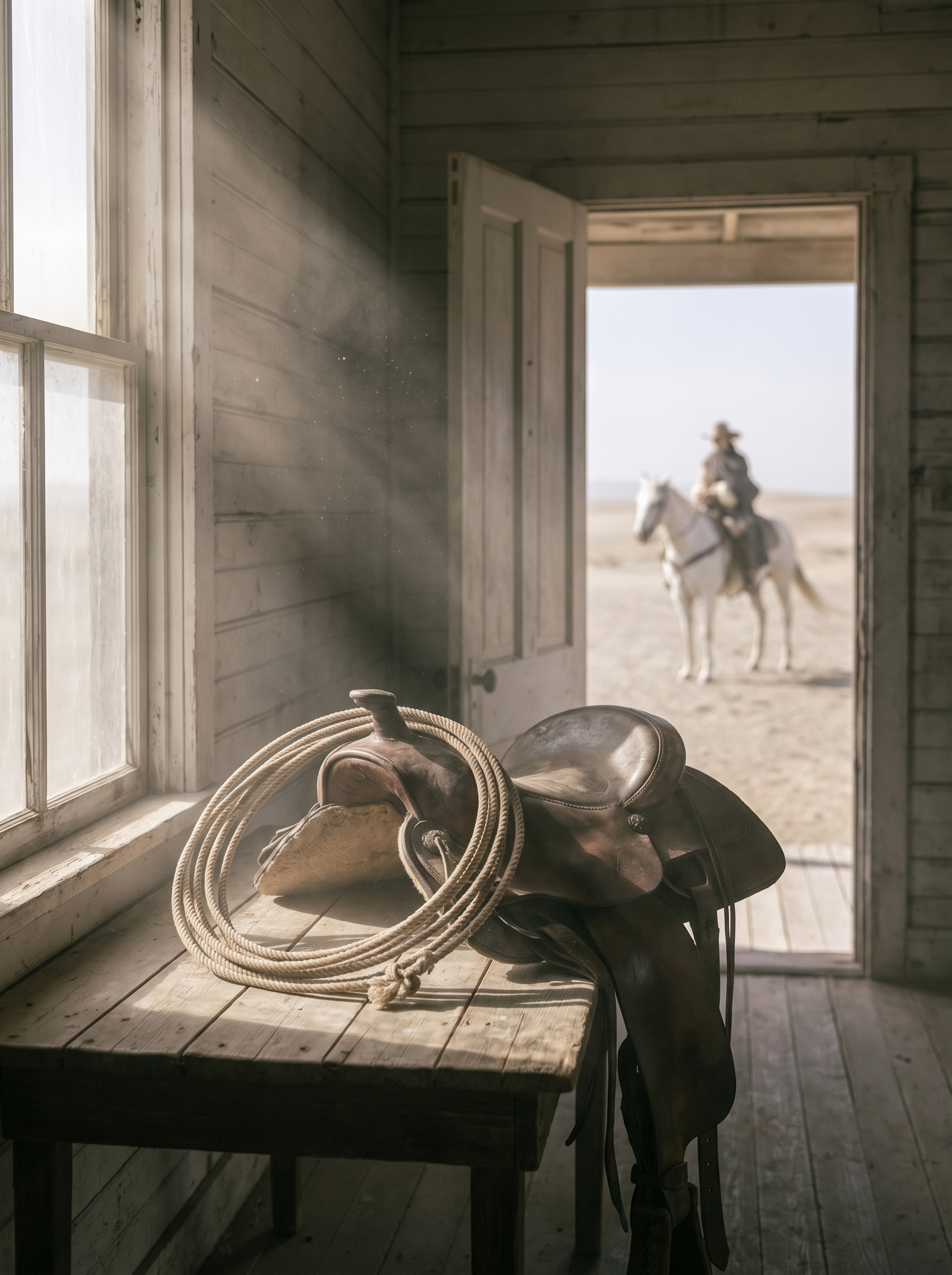 Selle et lasso sur table en bois, cavalier visible au loin par une porte ouverte sur désert