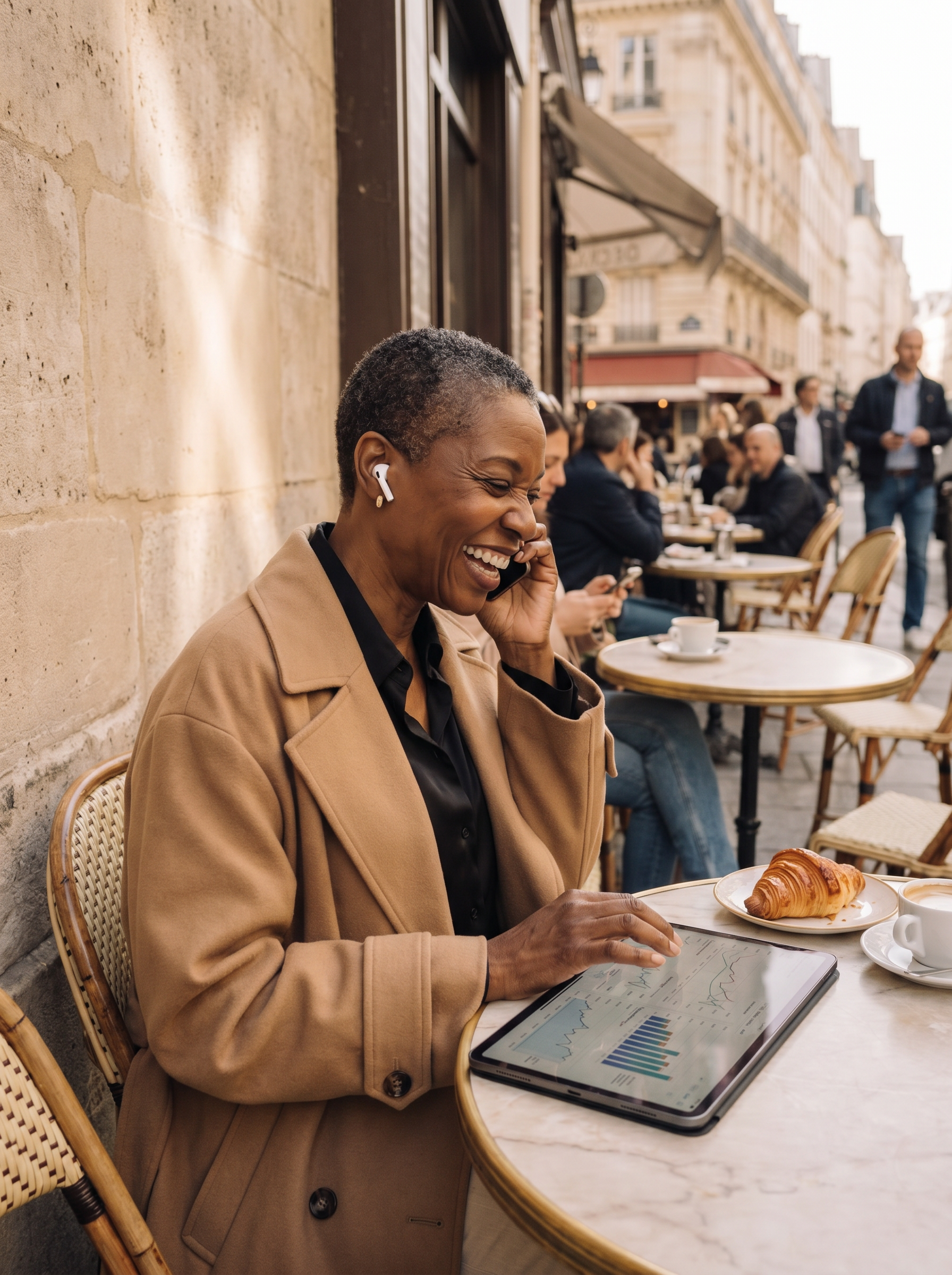 Femme senior noire riant au téléphone en terrasse animée à Paris avec tablette