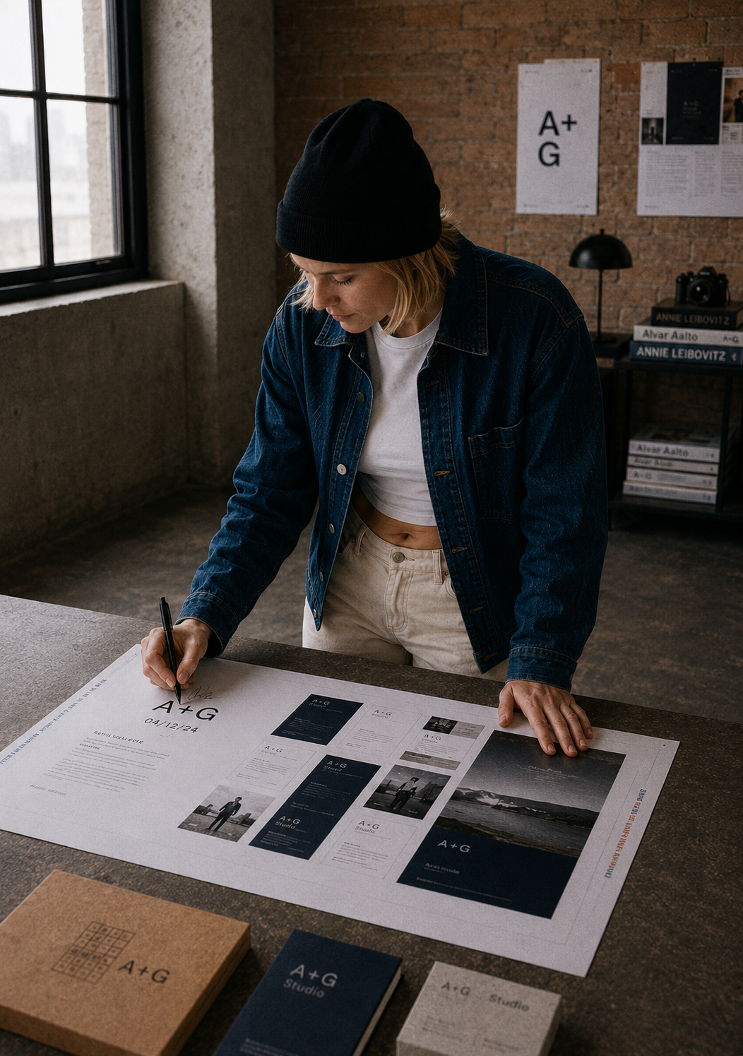 Graphiste penchée annotant au stylo la charte graphique A+G grand format sur table, mur de liège avec références en fond
