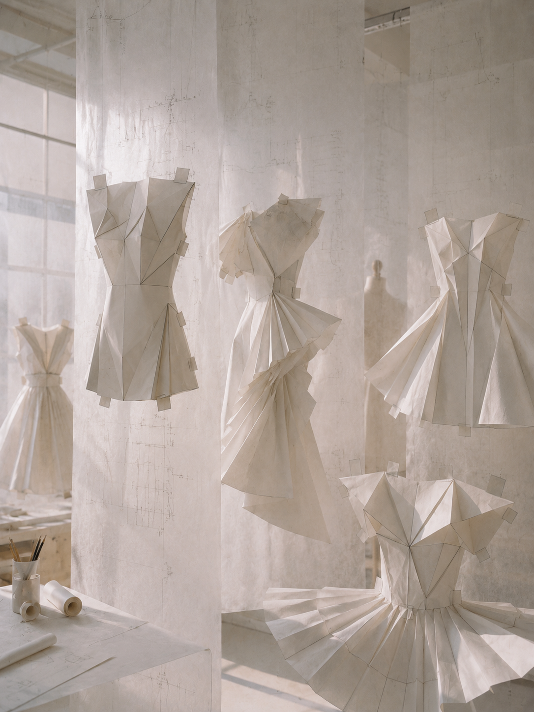 Miniatures de robes origami épinglées sur voile translucide – atelier studio lumineux