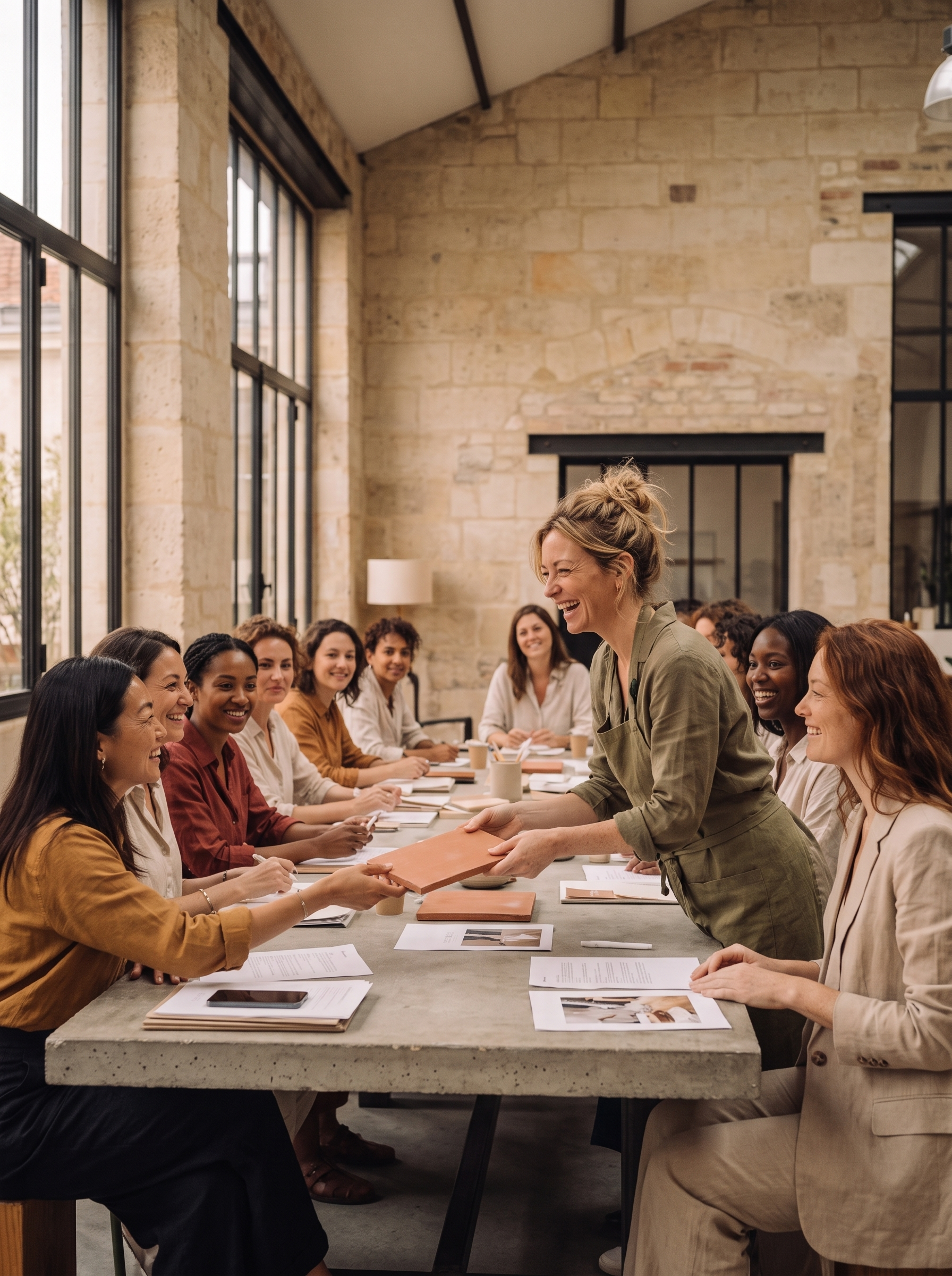 Animatrice distribuant des documents à un large groupe de femmes en salle de formation en pierre