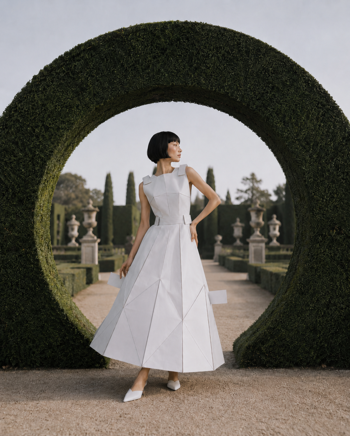 Femme en robe origami main sur hanche dans arche de buis – jardin à la française