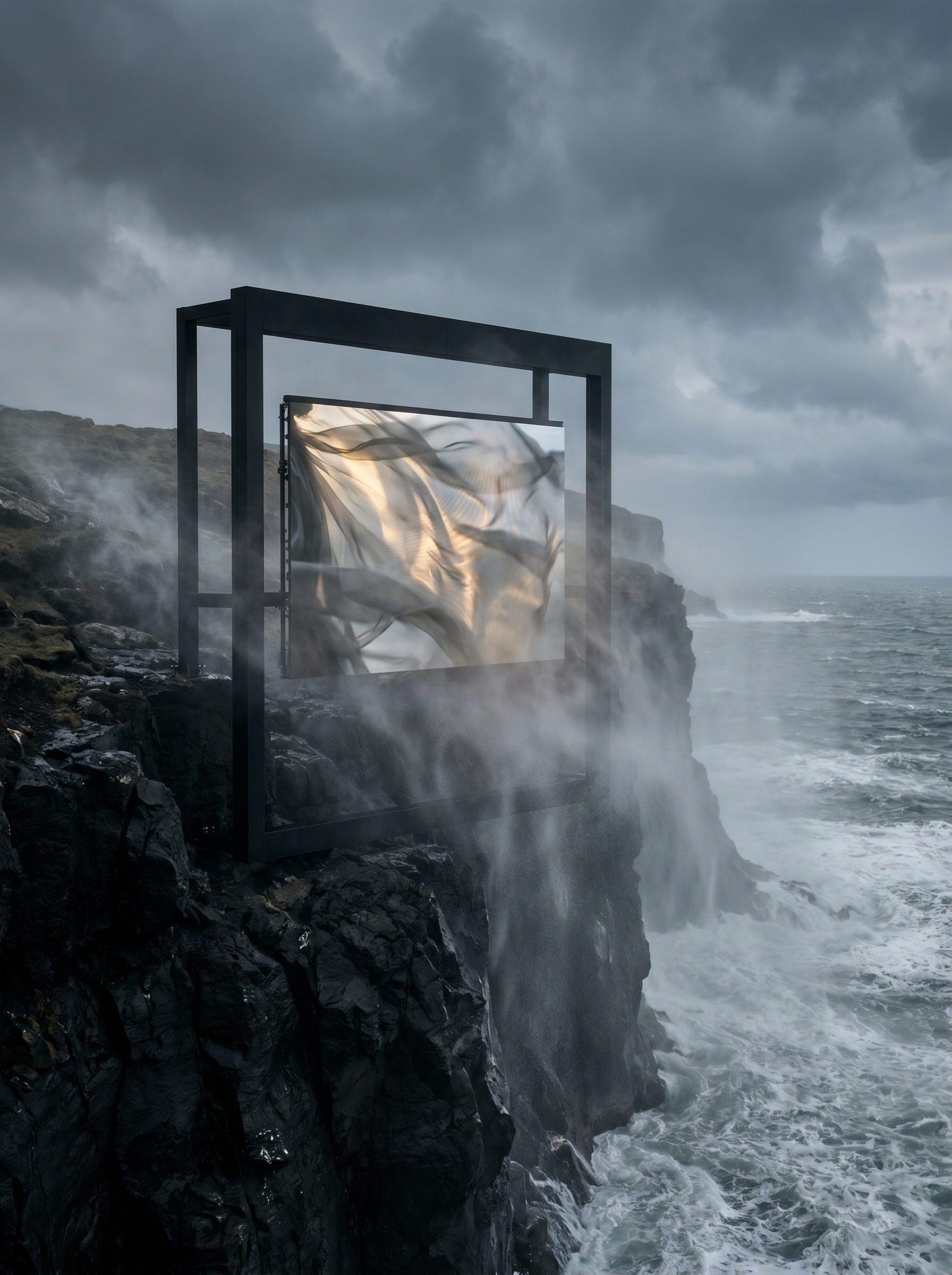 Cadre d'acier noir avec voile lumineux sur falaise côtière – mer agitée, ciel d'orage