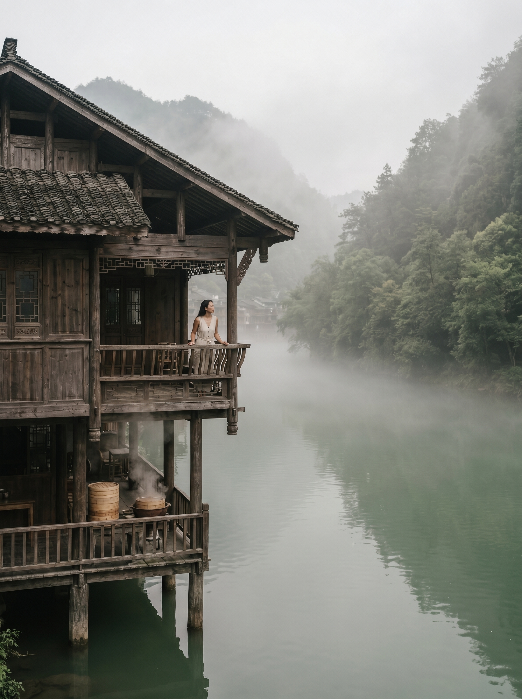 Maison traditionnelle au bord de l'eau sous la pluie, ambiance zen