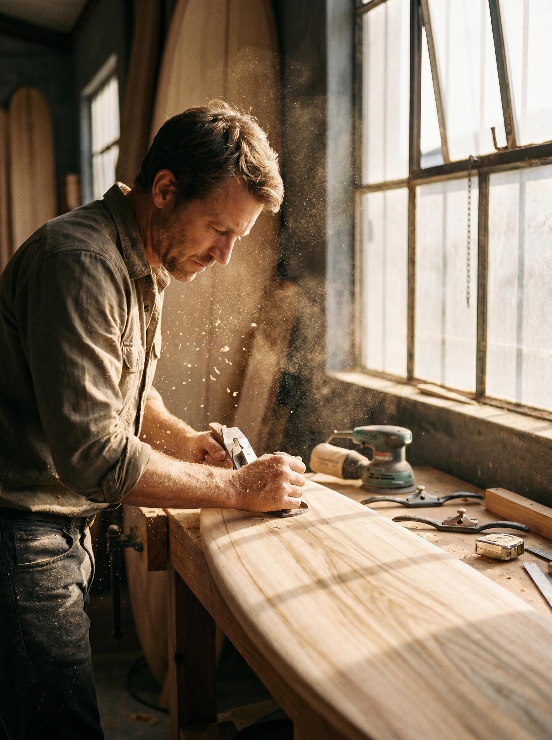 Artisan au rabot sur planche de surf dans un atelier industriel