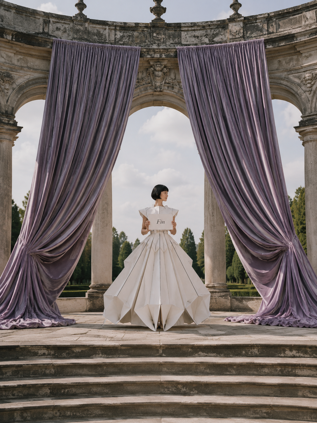 Femme en robe origami de dos sous rotonde classique – grands rideaux violets et jardin