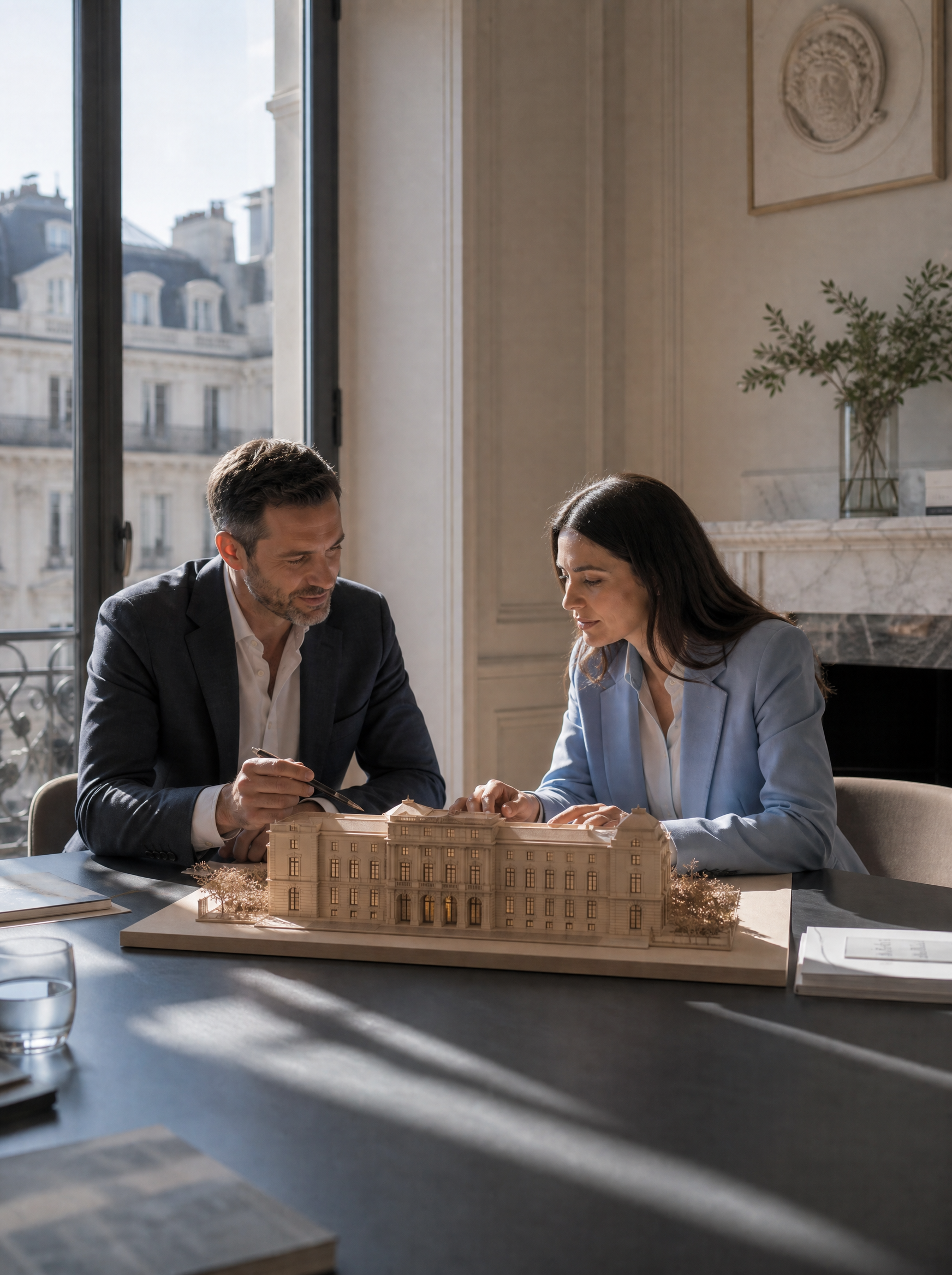 Homme et femme examinant une maquette architecturale haussmannienne en bois dans un bureau avec vue sur Paris