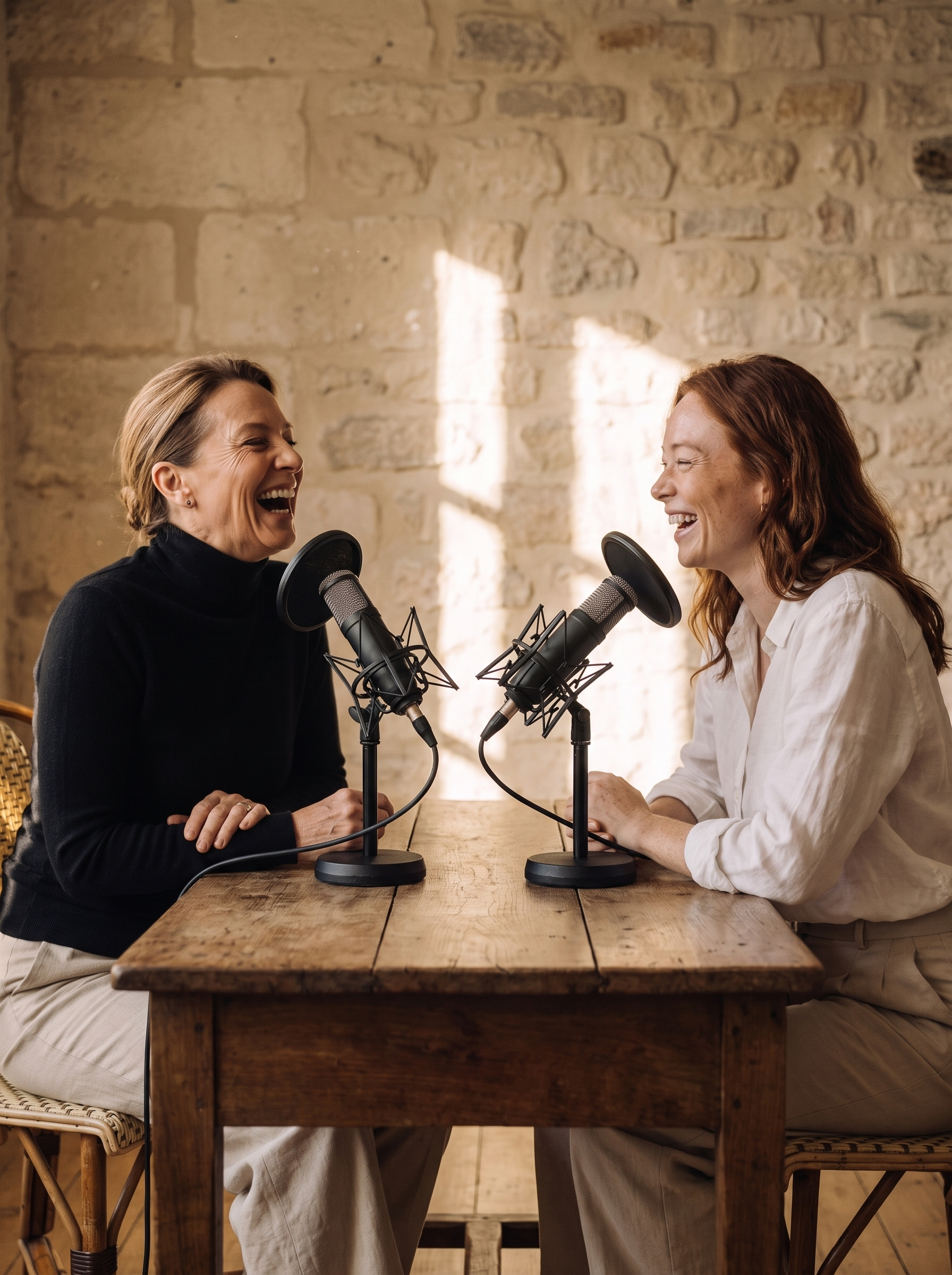 Deux femmes enregistrant un podcast face à face avec micros dans un espace en pierre