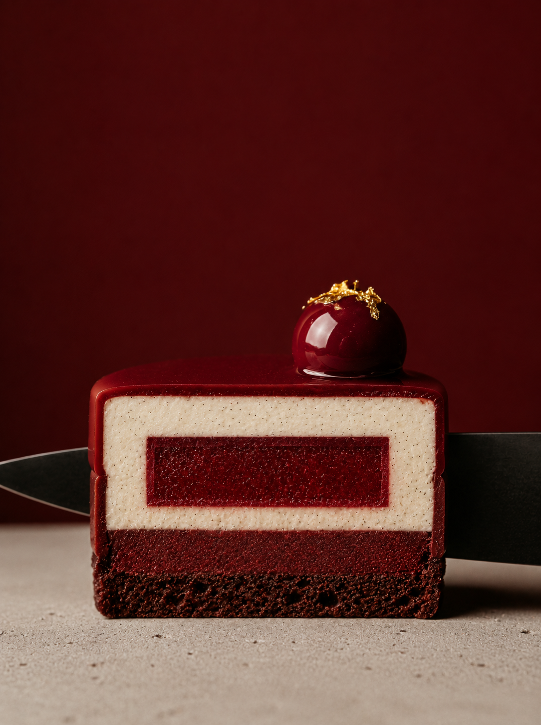 Part d'entremets glaçage miroir bordeaux en coupe nette – sphère, couteau noir, table béton