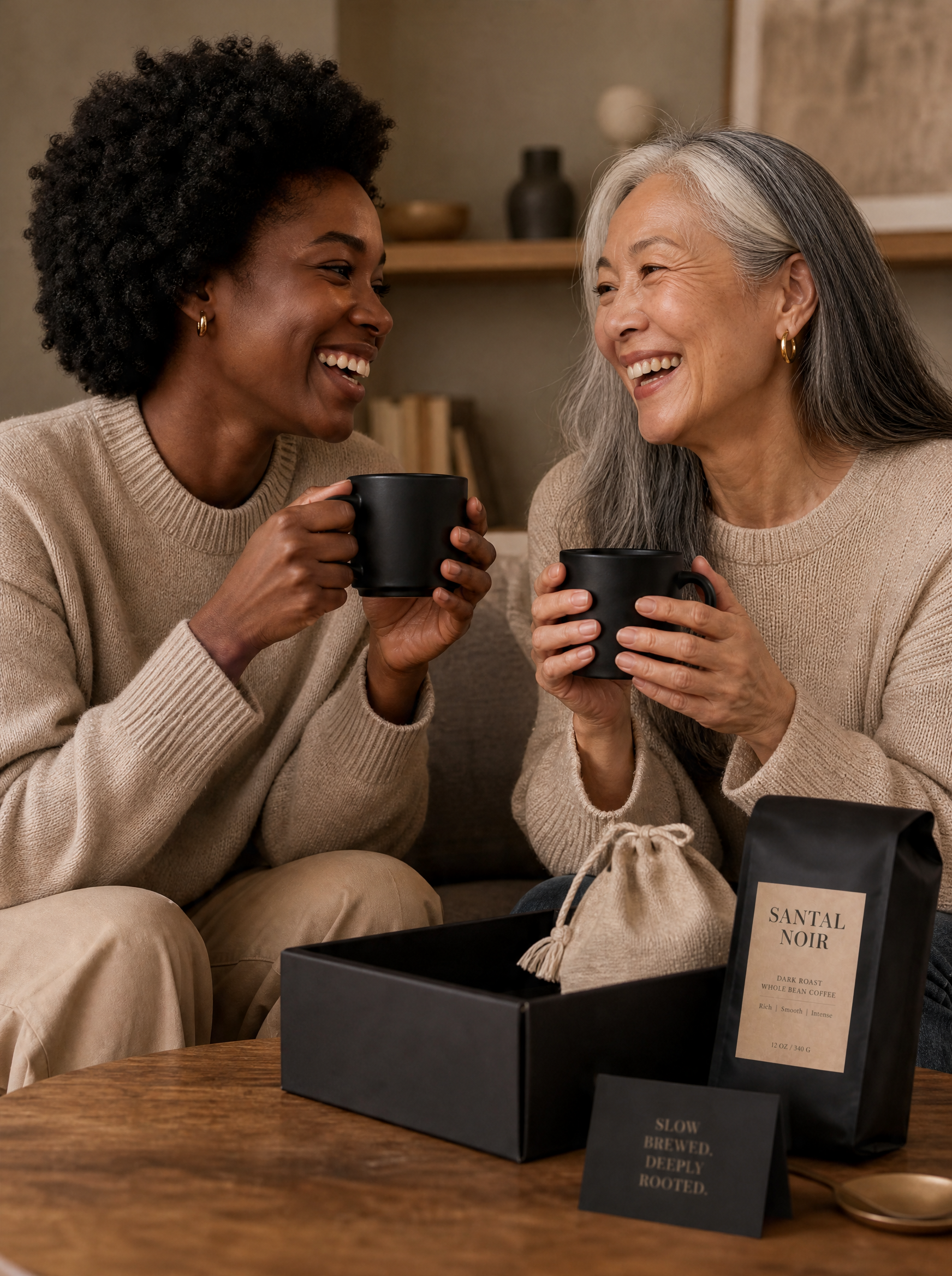 Deux femmes riant avec mugs café – coffret cadeau ouvert, sachet artisanal, moment de partage