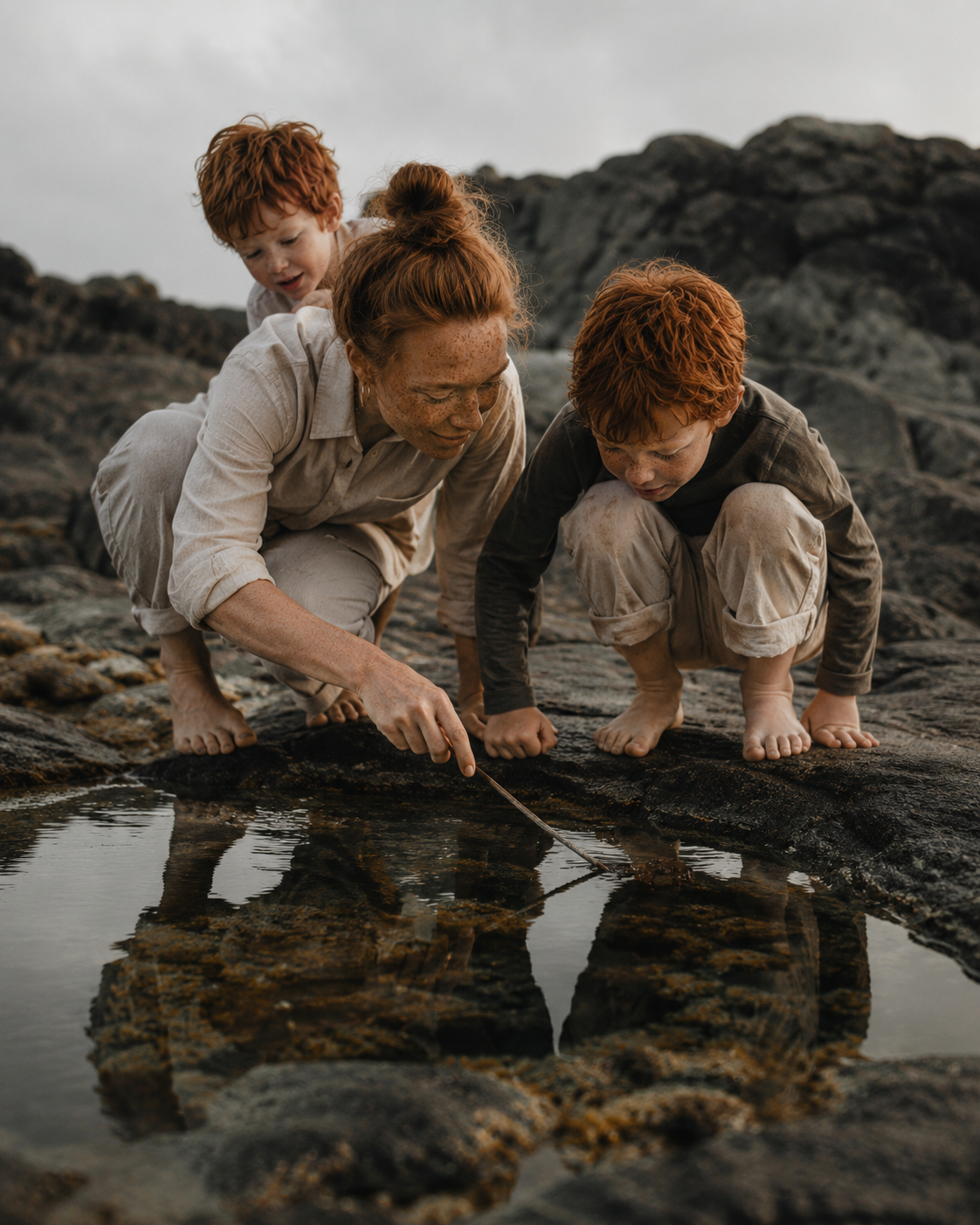Mère et fils explorant une flaque de roche au bord de mer