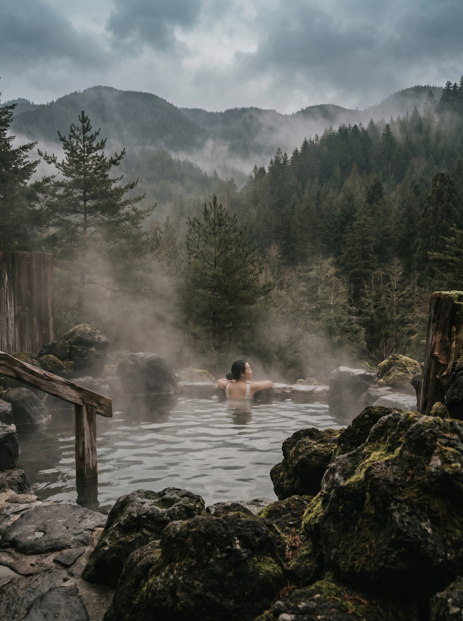 Personne de dos dans une source thermale naturelle entourée de pins et montagnes brumeuses, vapeur dense