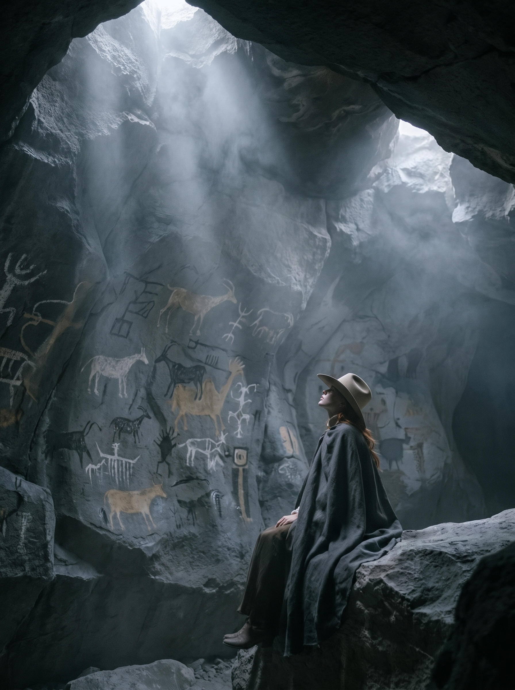 Femme en cape et chapeau assise dans une grotte spectaculaire illuminée par des faisceaux de lumière et peintures rupestres
