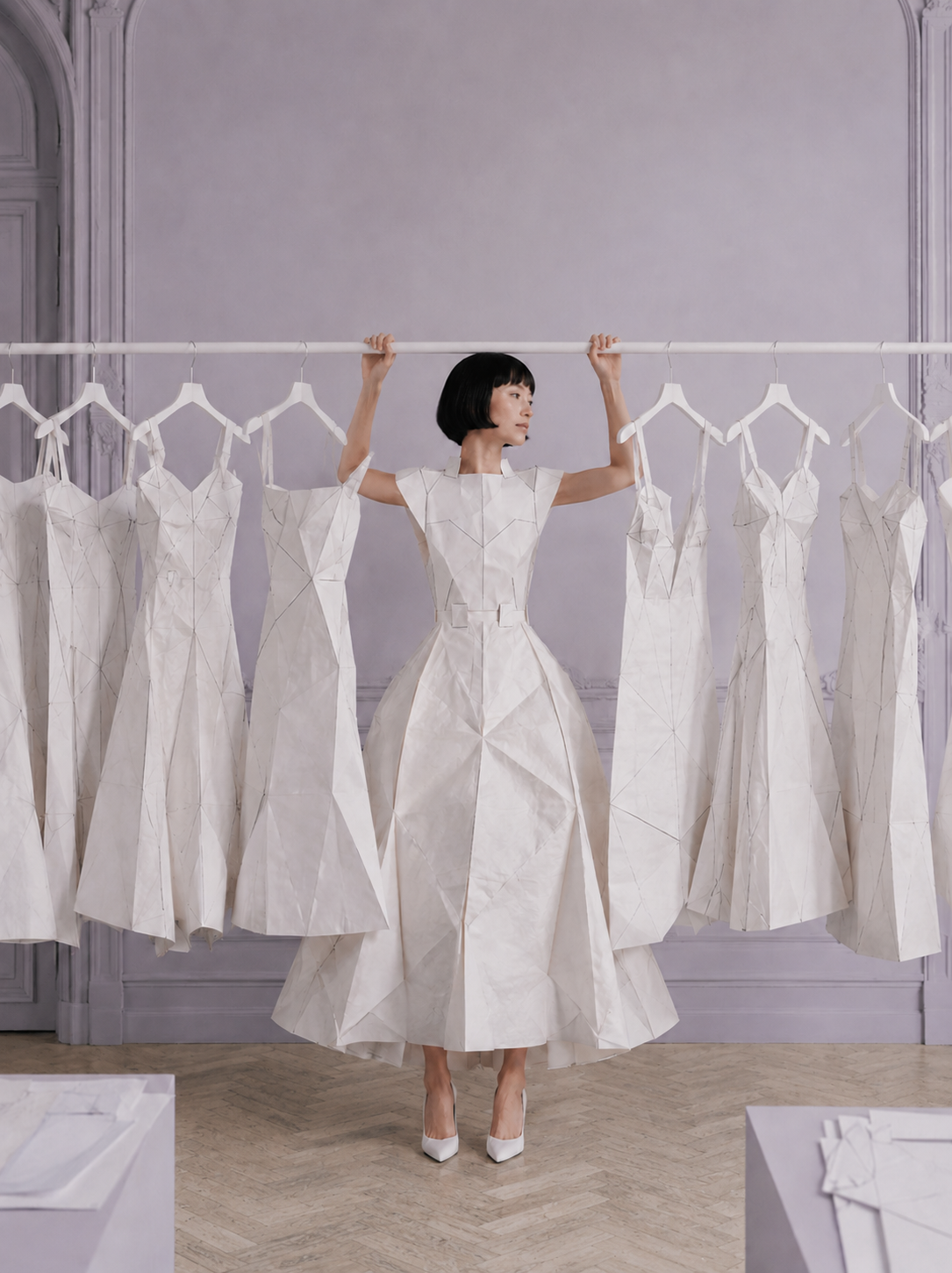 Femme en robe origami regardant de côté devant portant de robes – salon haussmannien gris