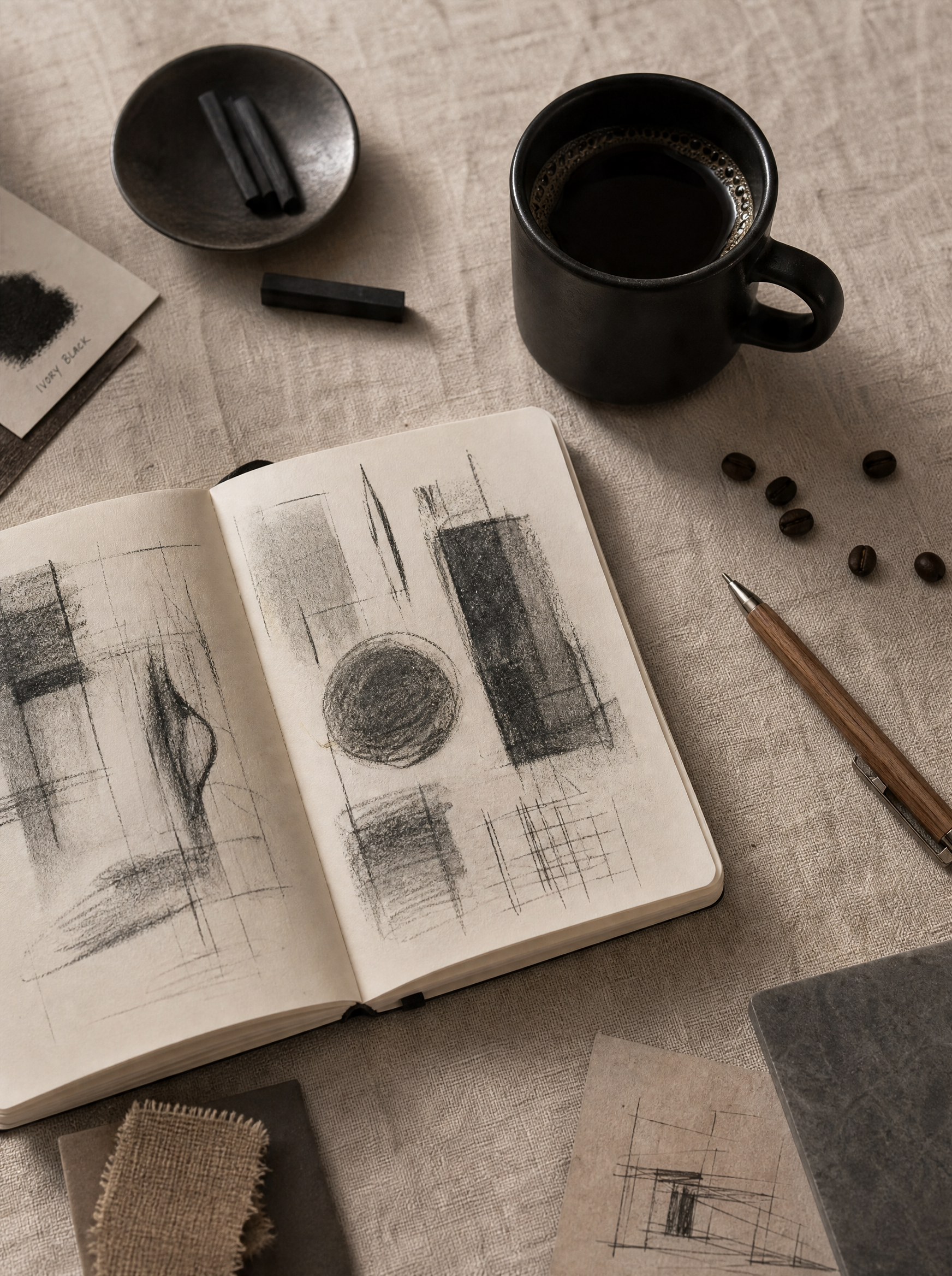 Carnet de croquis ouvert et mug café – esquisses fusain, assiette noire, table lin beige