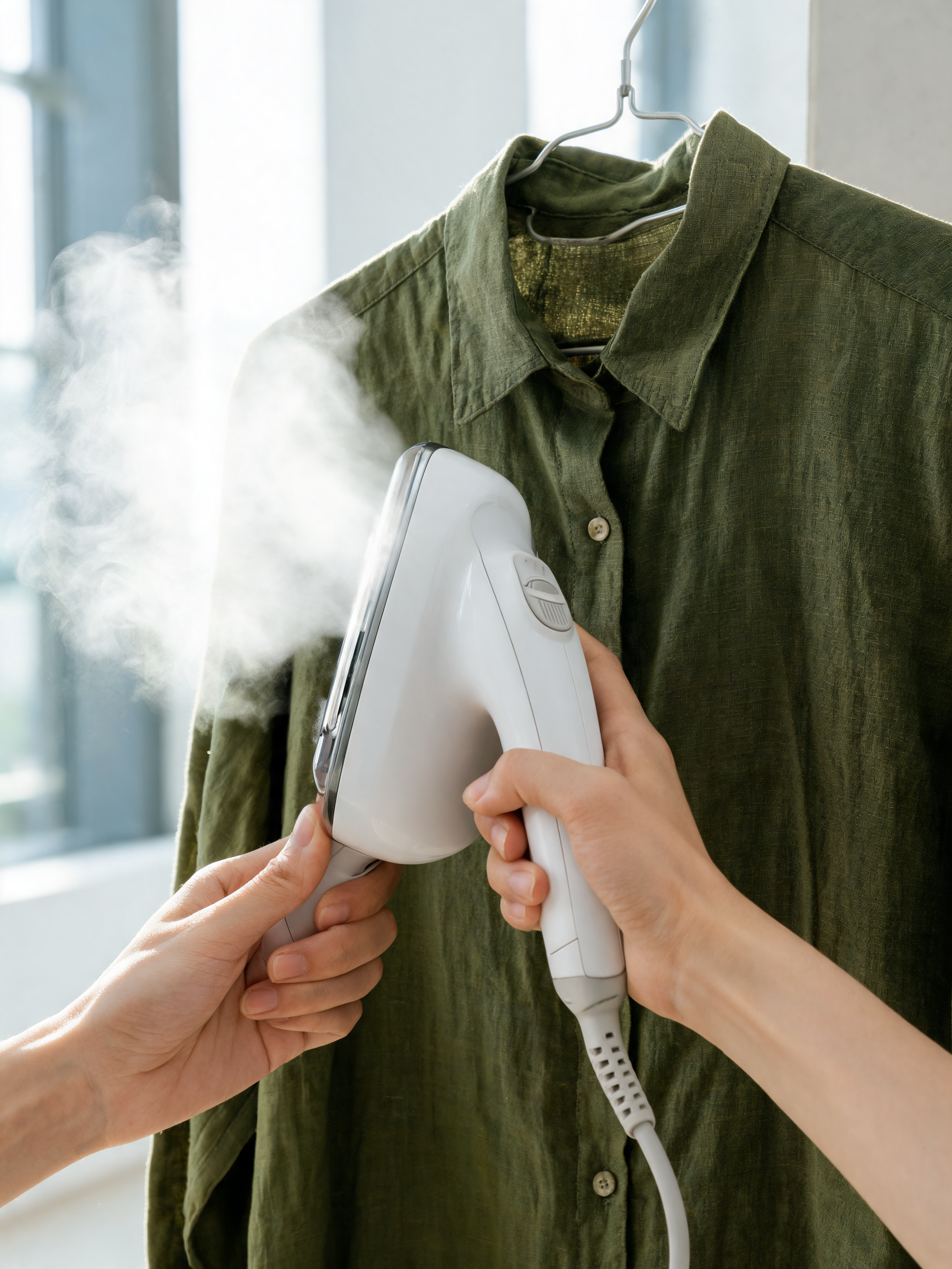Mains défroissant à vapeur chemise lin vert sur cintre – appareil vapeur, soin vêtement, fenêtre