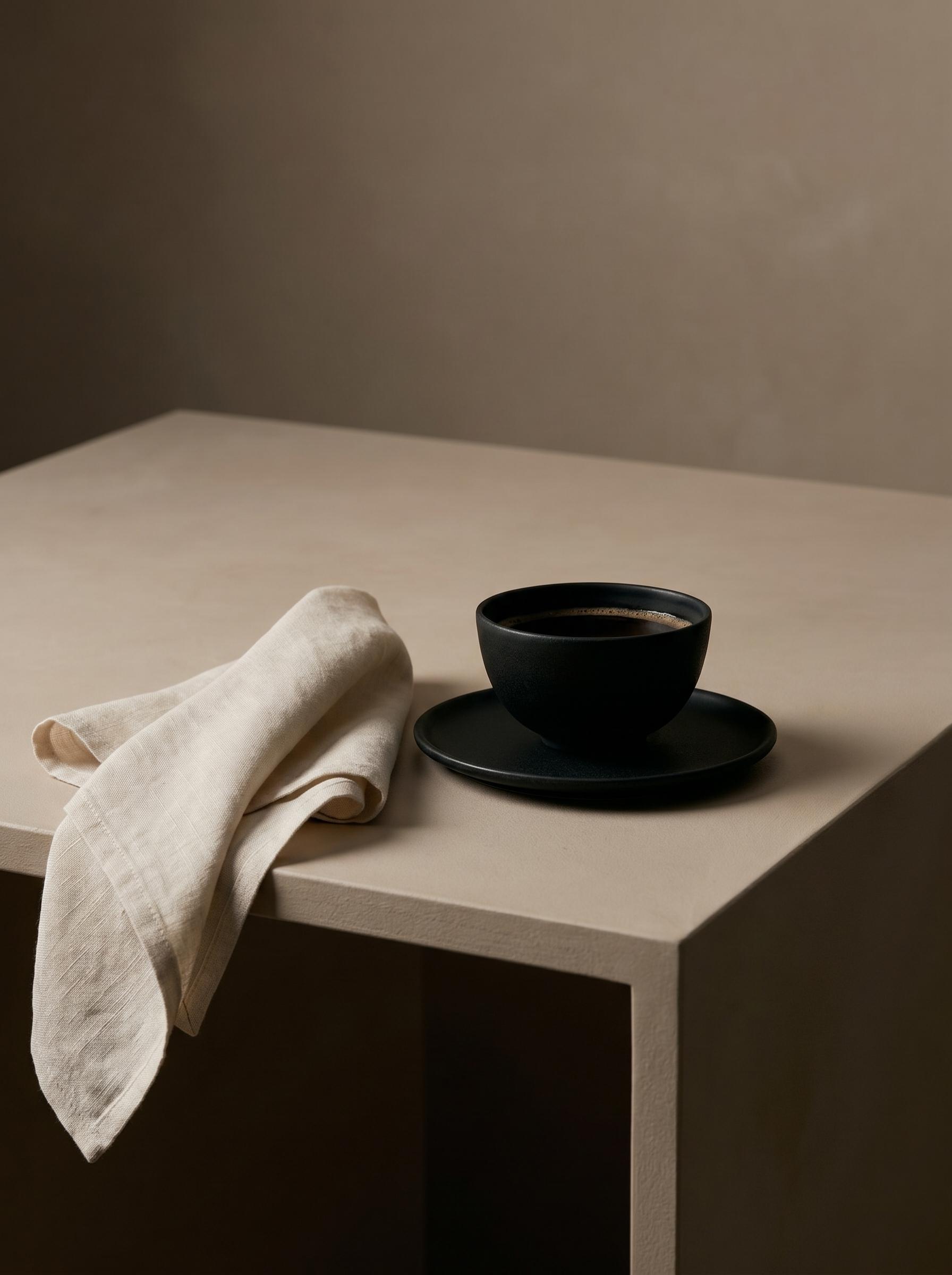 Tasse espresso céramique noire sur table travertin – serviette lin, fond taupe sombre, minimalisme