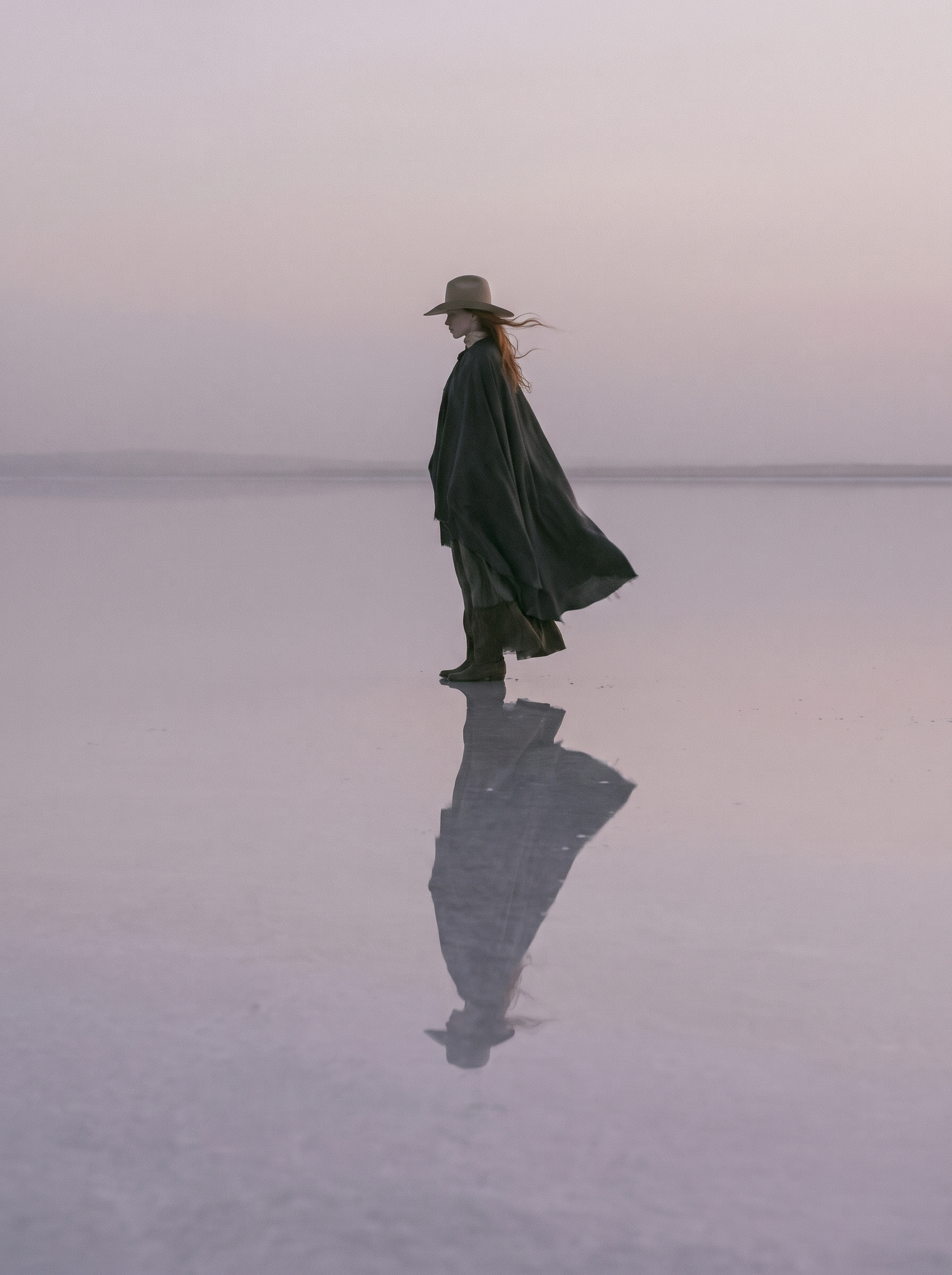 Femme en cape sombre et chapeau debout sur un lac salé rose avec reflet et vent dans un ciel rose