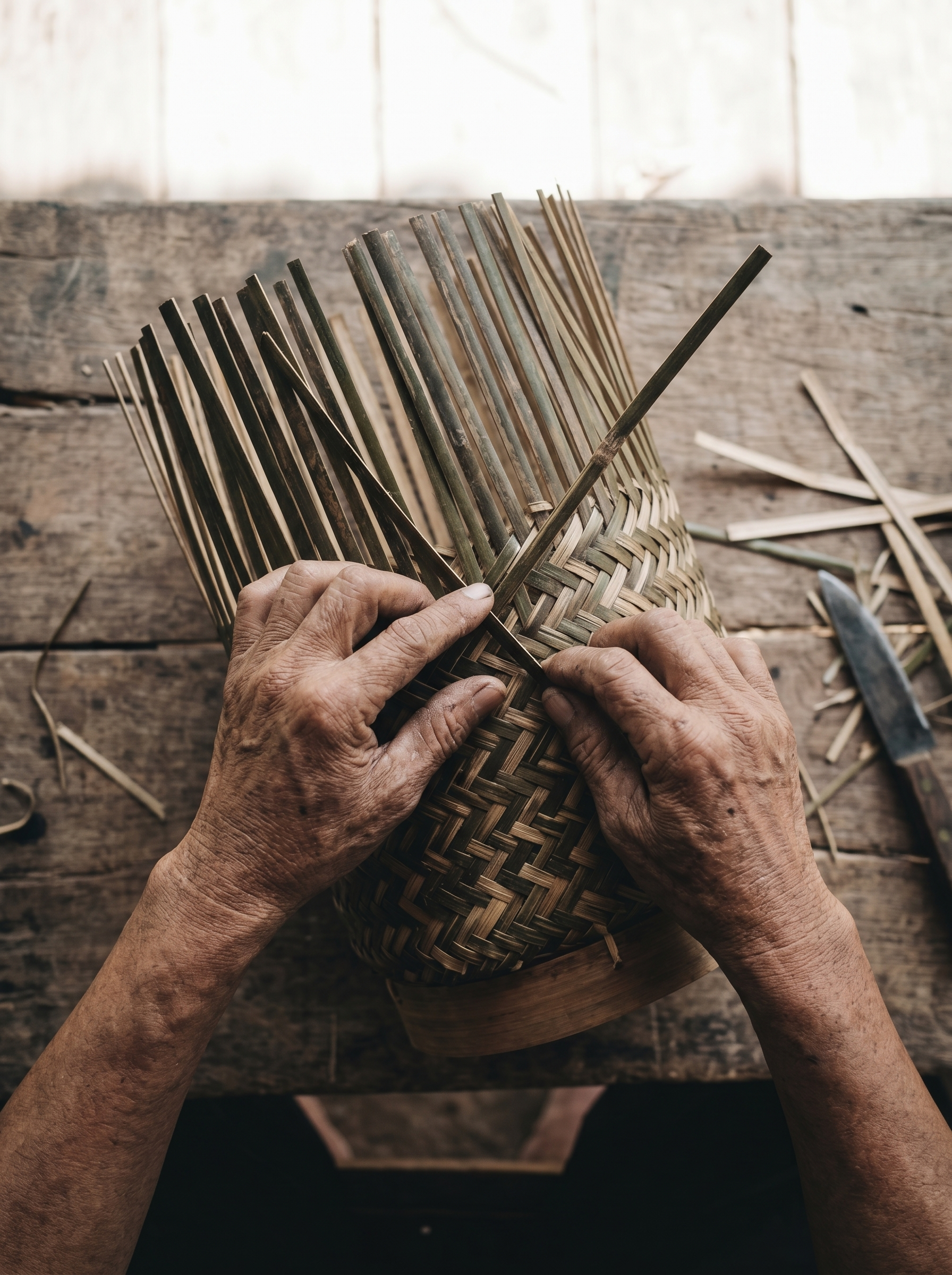 Vue plongeante sur mains ridées d'artisan tressant un panier en bambou sur table bois, lattes de bambou éparpillées