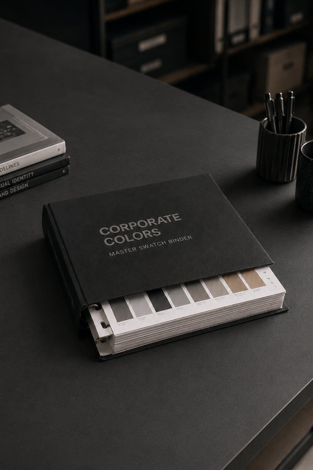 Livre « Corporate Colors — Master Swatch Bridge » posé sur bureau noir avec pot de stylos et livres empilés