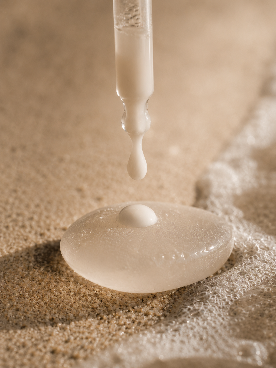 Pipette libérant du sérum sur galet dans le sable – goutte translucide, texture aquatique, embruns