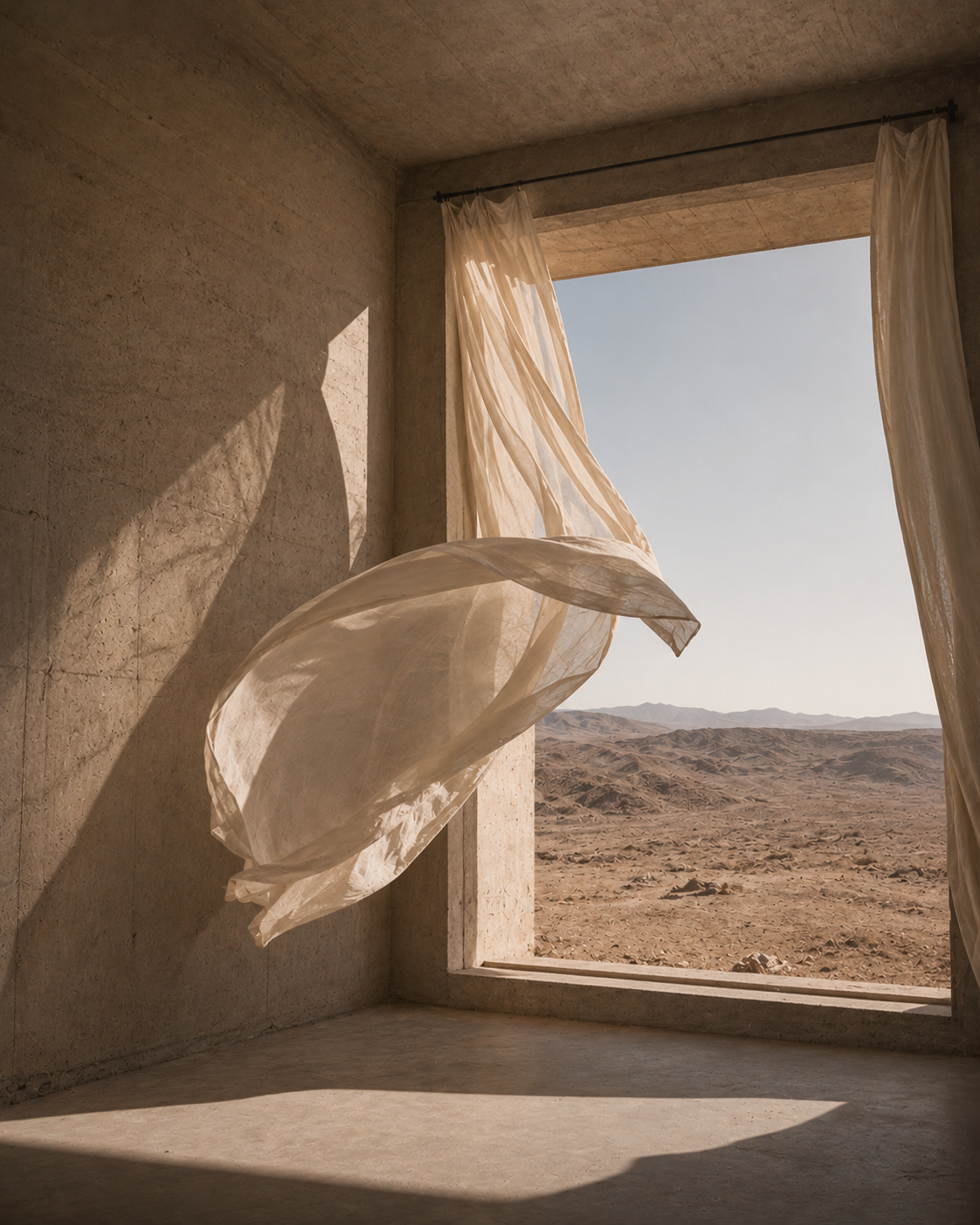 Voile beige flottant devant fenêtre ouverte sur désert – béton brut, lumière naturelle, paysage aride