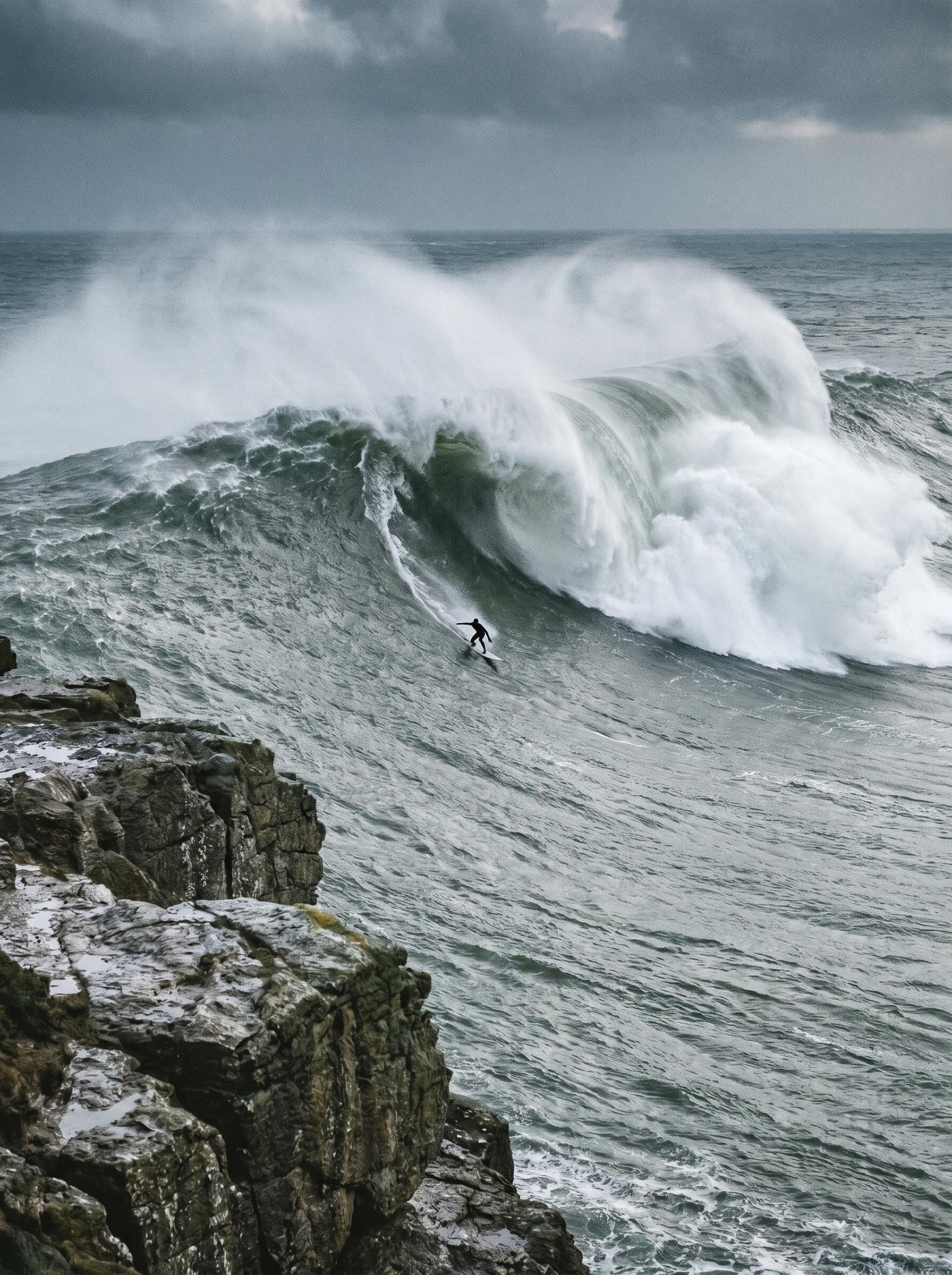 Surfeur descendant une énorme vague sous un ciel d'orage