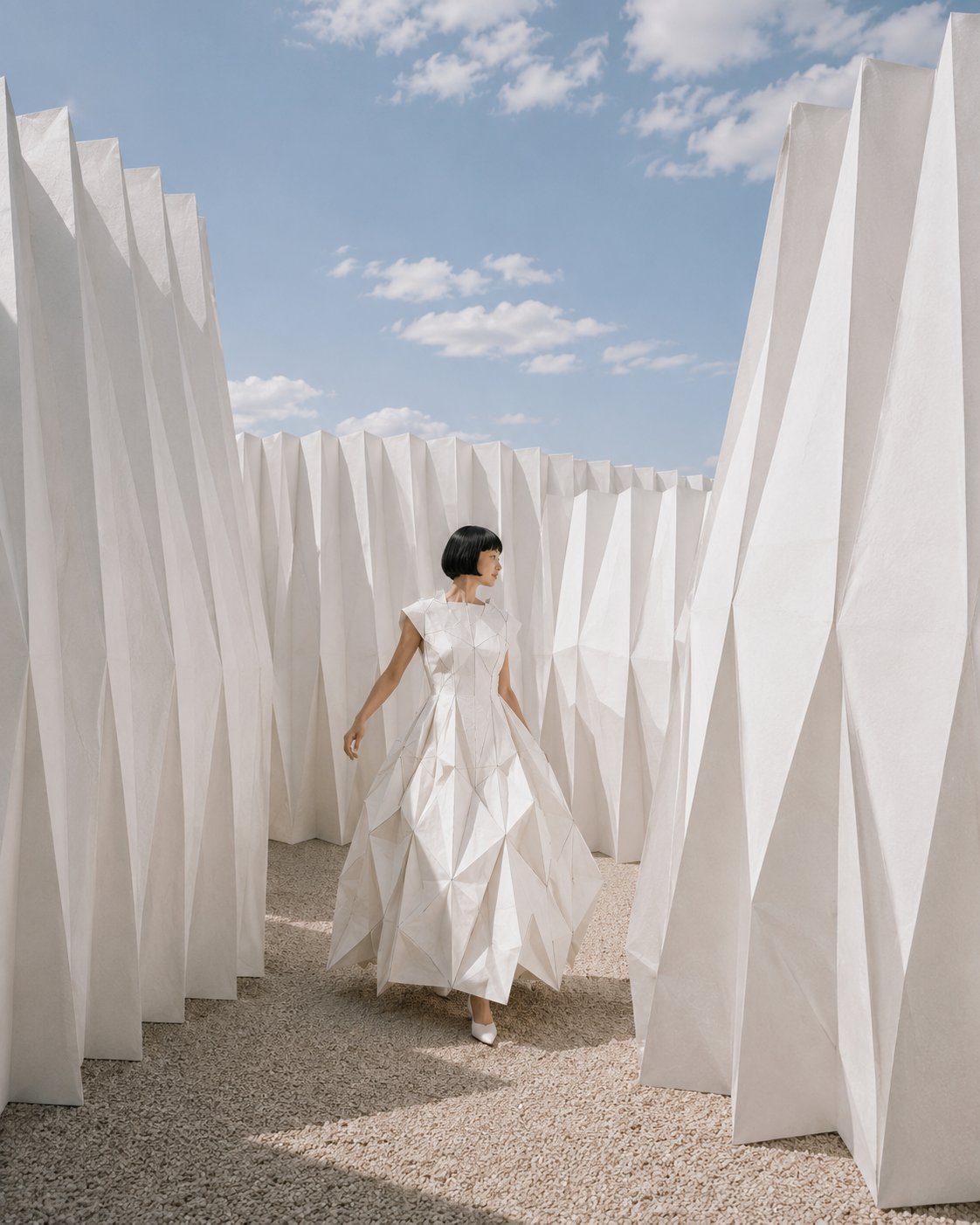 Femme en robe origami marchant dans labyrinthe de panneaux plissés blancs – ciel bleu