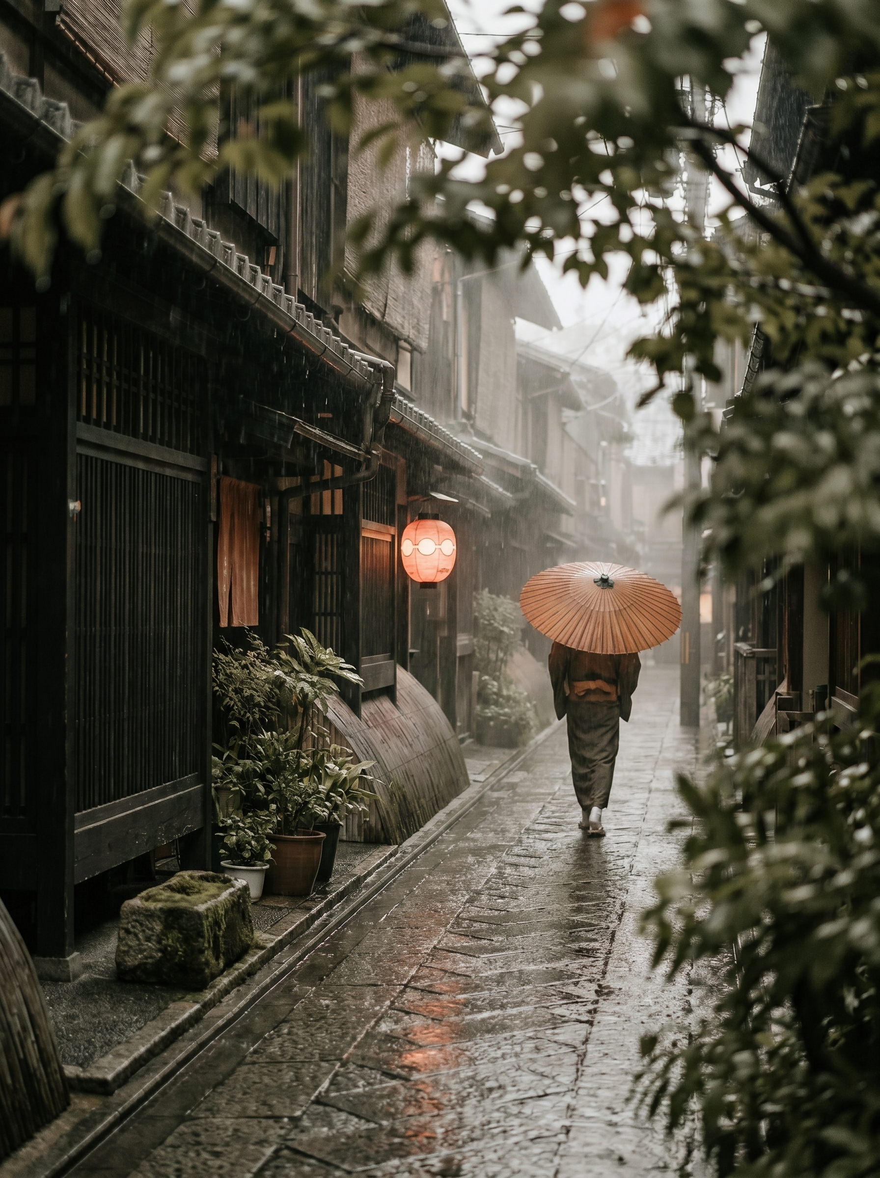 Silhouette en kimono avec ombrelle sous pluie dans ruelle de Kyoto – variante plus large, brume