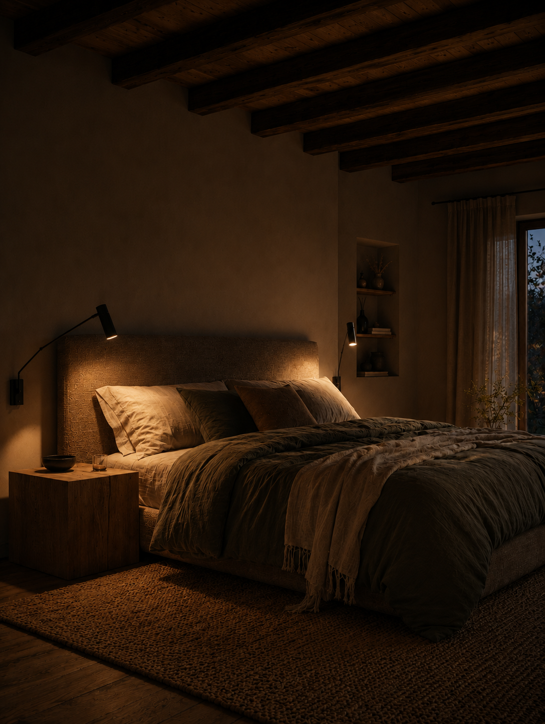 Chambre rustique chic nocturne avec lit en lin vert olive, poutrelles bois et lampes murales noires orientables