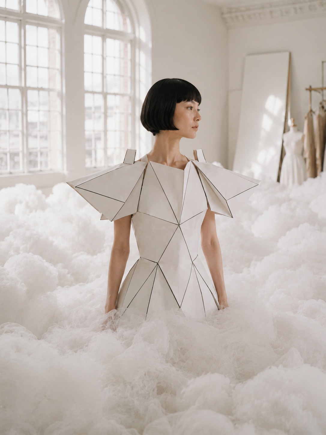 Femme en robe géométrique blanche émergeant de nuages de coton – atelier lumineux