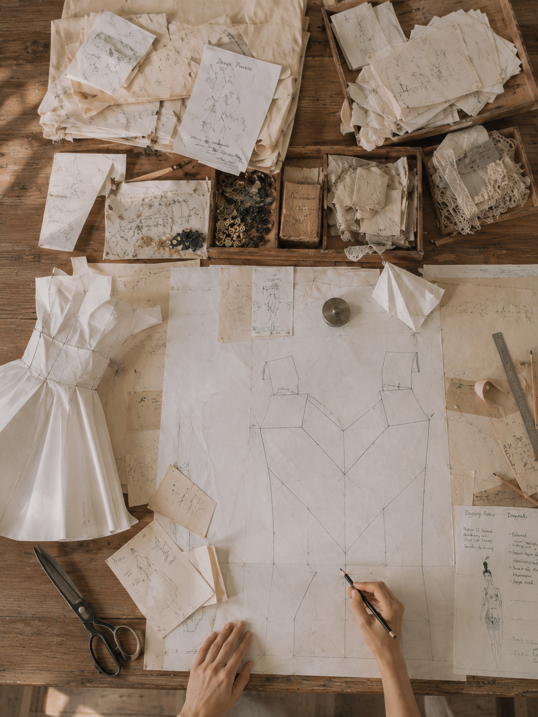 Vue aérienne mains travaillant sur patron de robe – table avec maquette origami, croquis et ciseaux