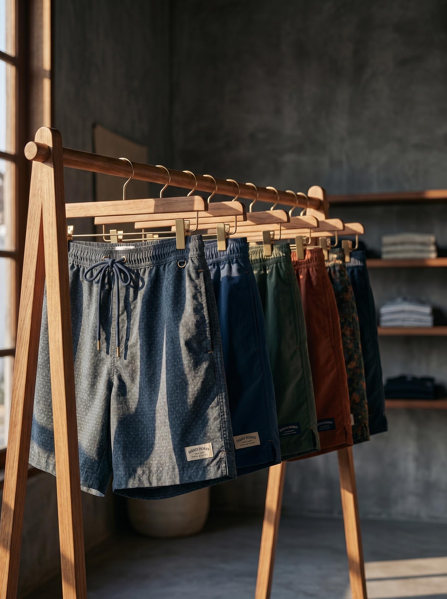 Collection de shorts de bain colorés sur portant en bois