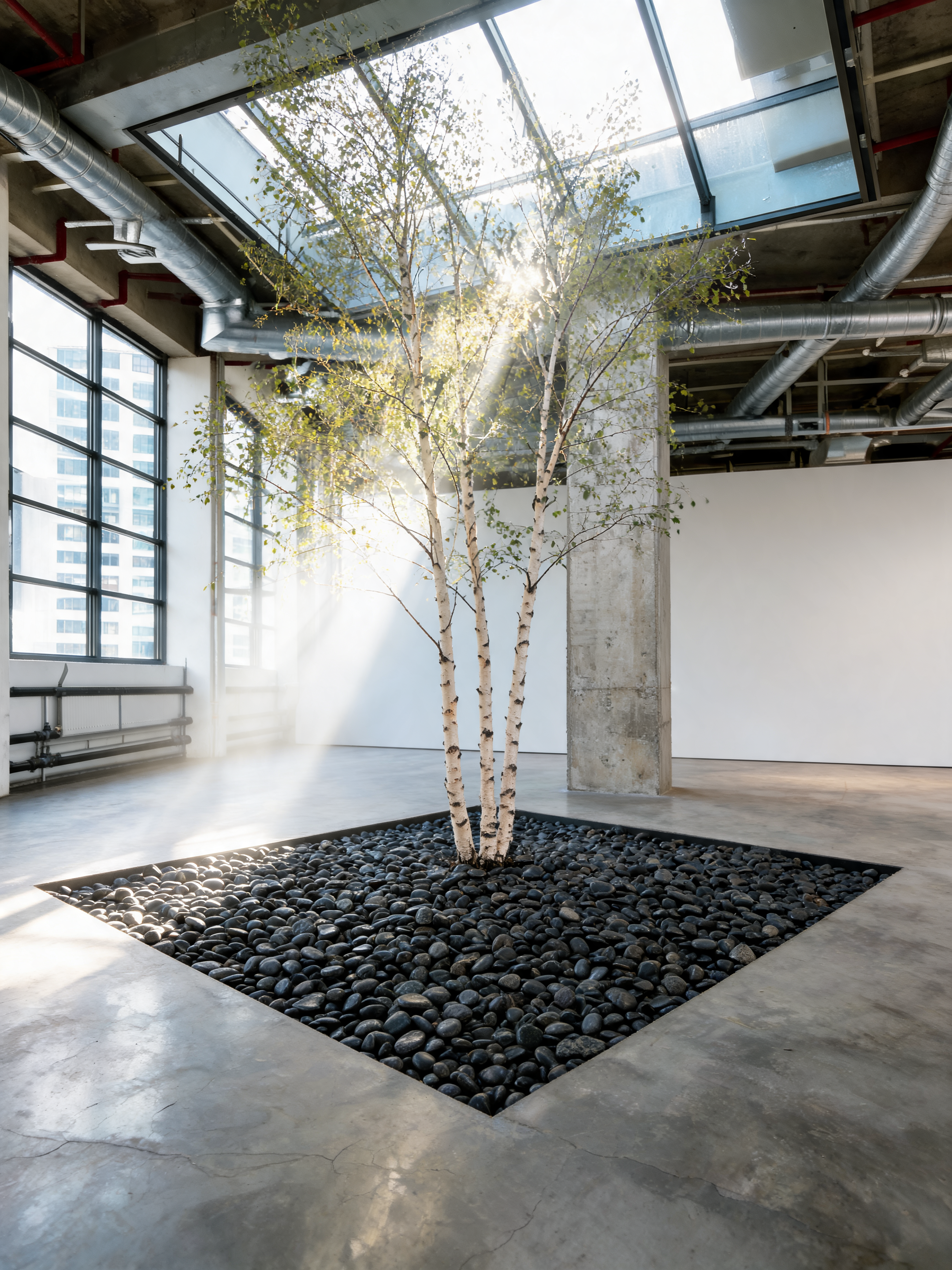 Bouleau planté galets noirs espace industriel