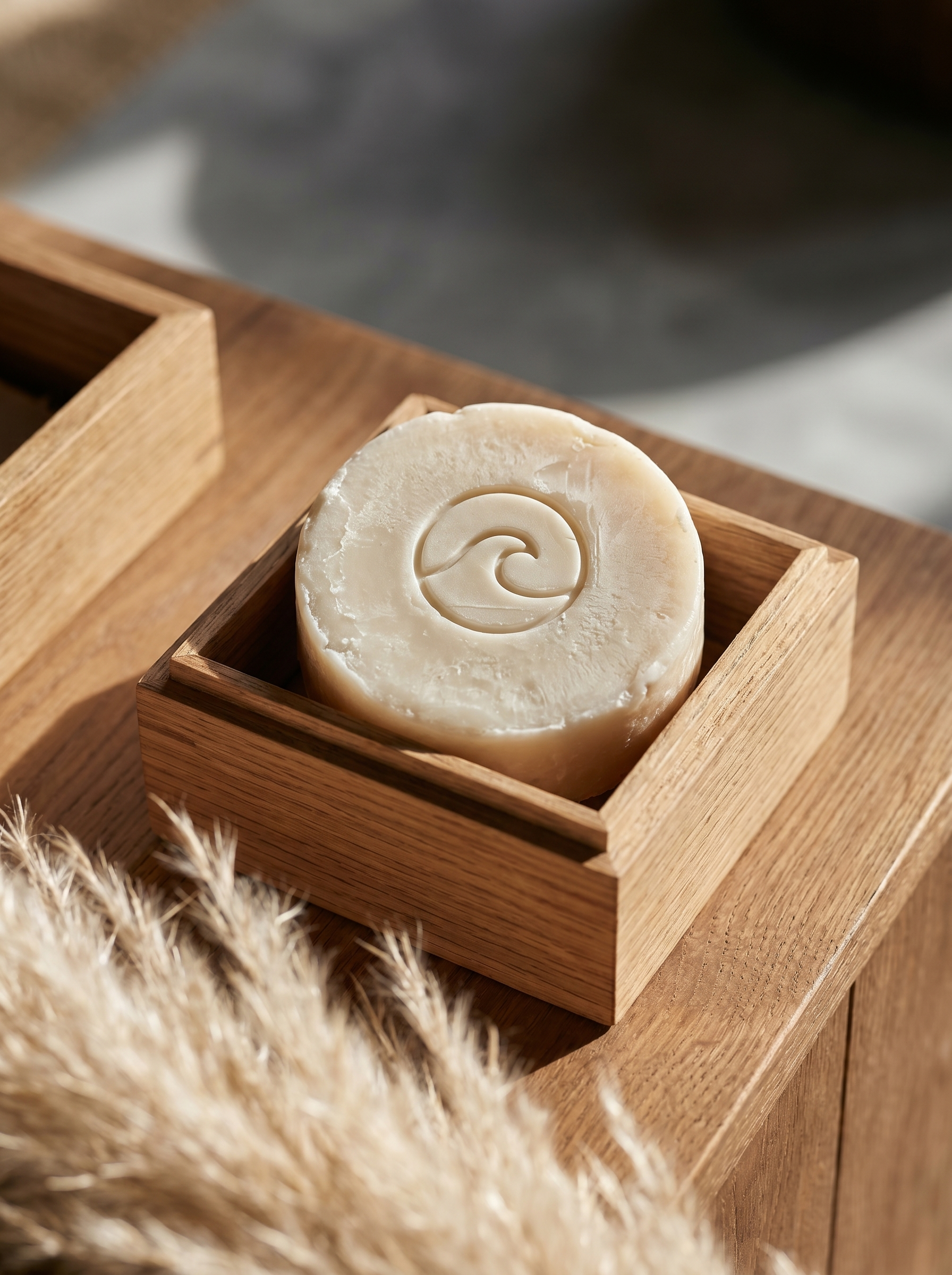 Savon artisanal rond gravé d'un motif de vague sur plateau en bois en gros plan