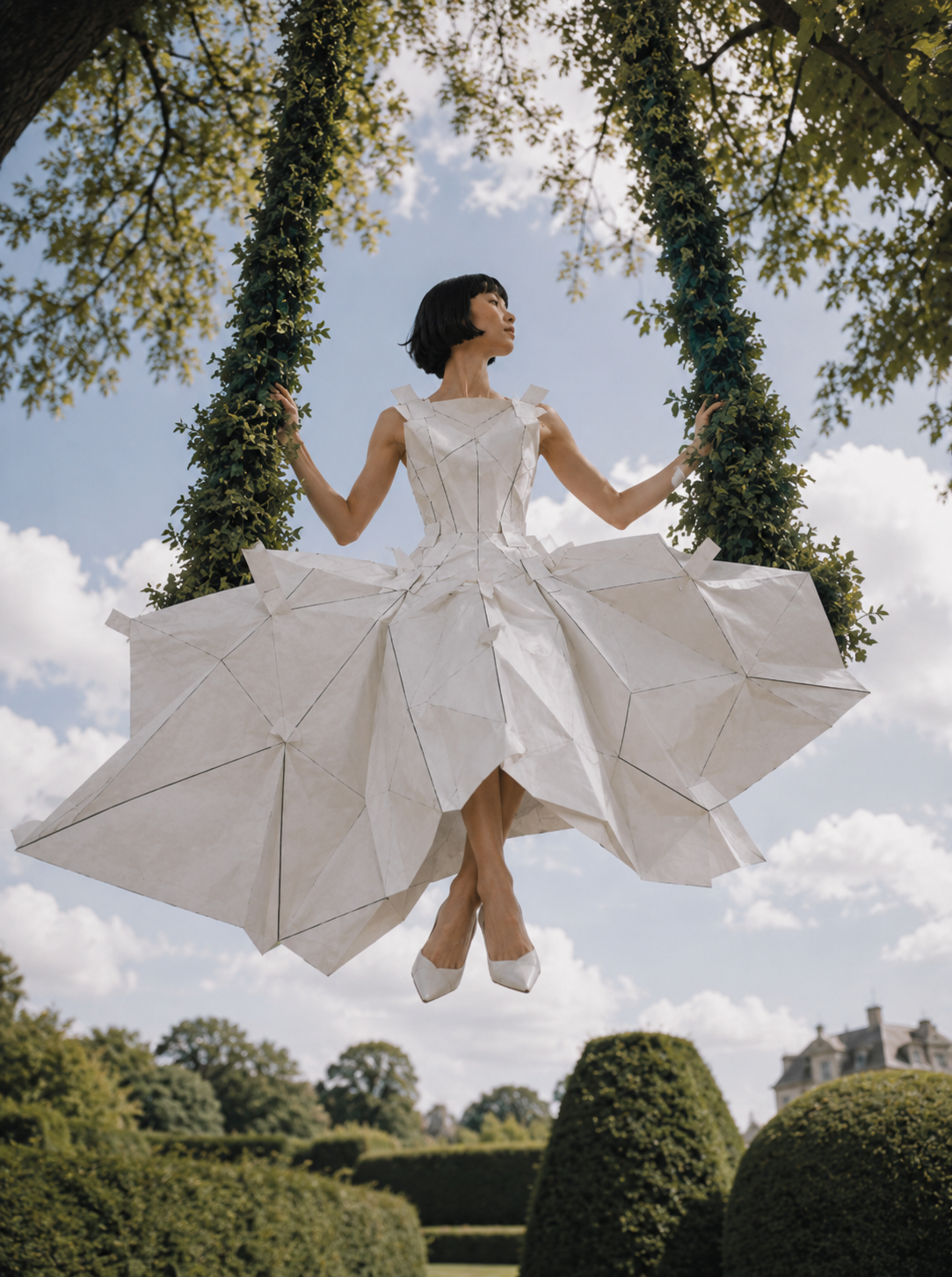 Femme en robe origami sur balançoire végétale – jardin à la française et château