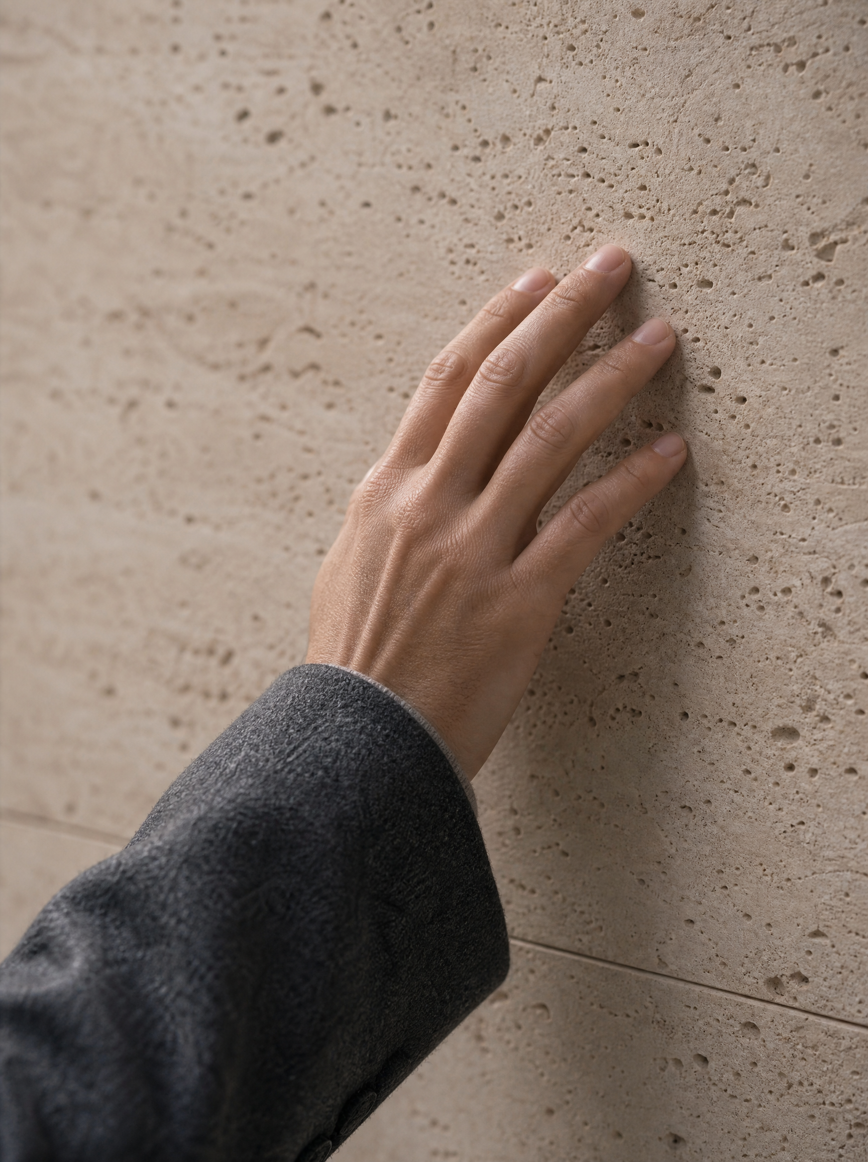Gros plan d'une main effleurant la surface texturée d'une dalle de travertin beige