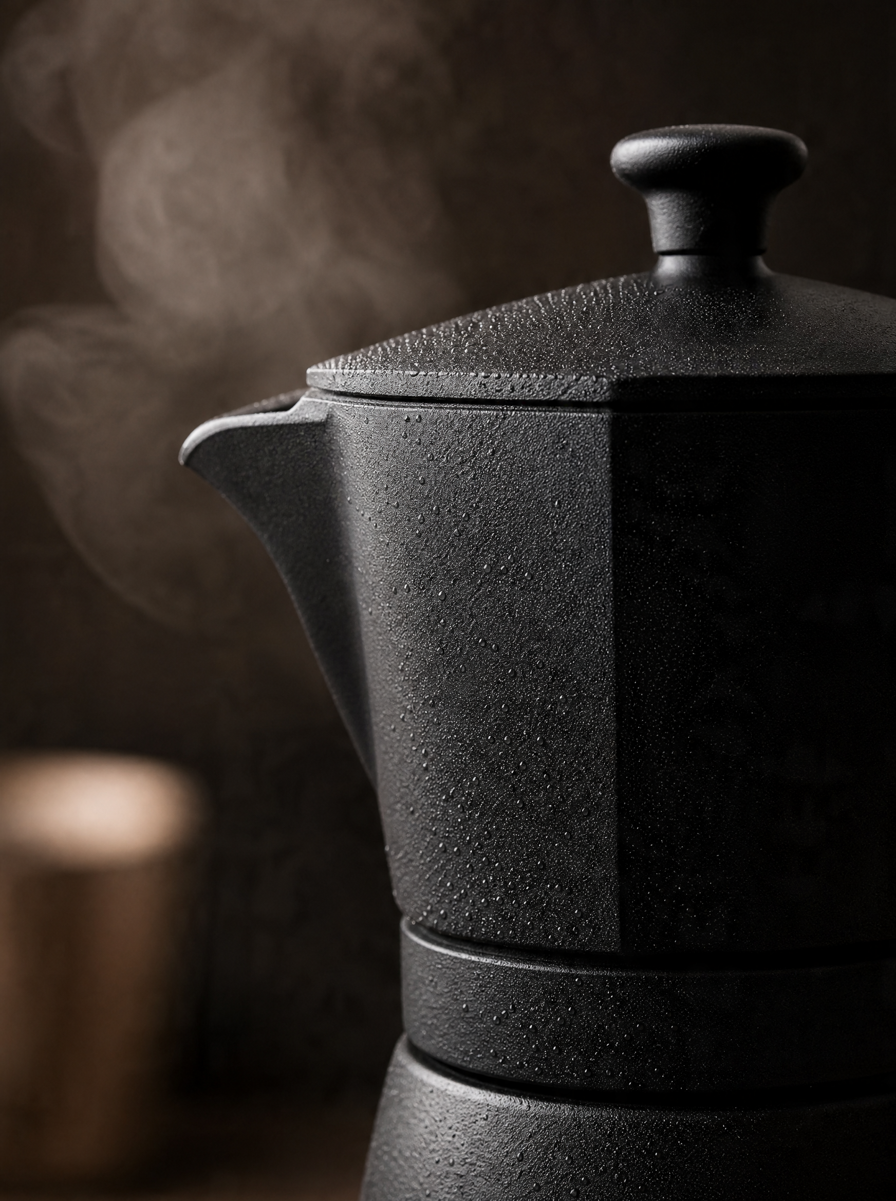 Gros plan cafetière moka noire vapeur – texture granuleuse, fond sombre, haut de cafetière
