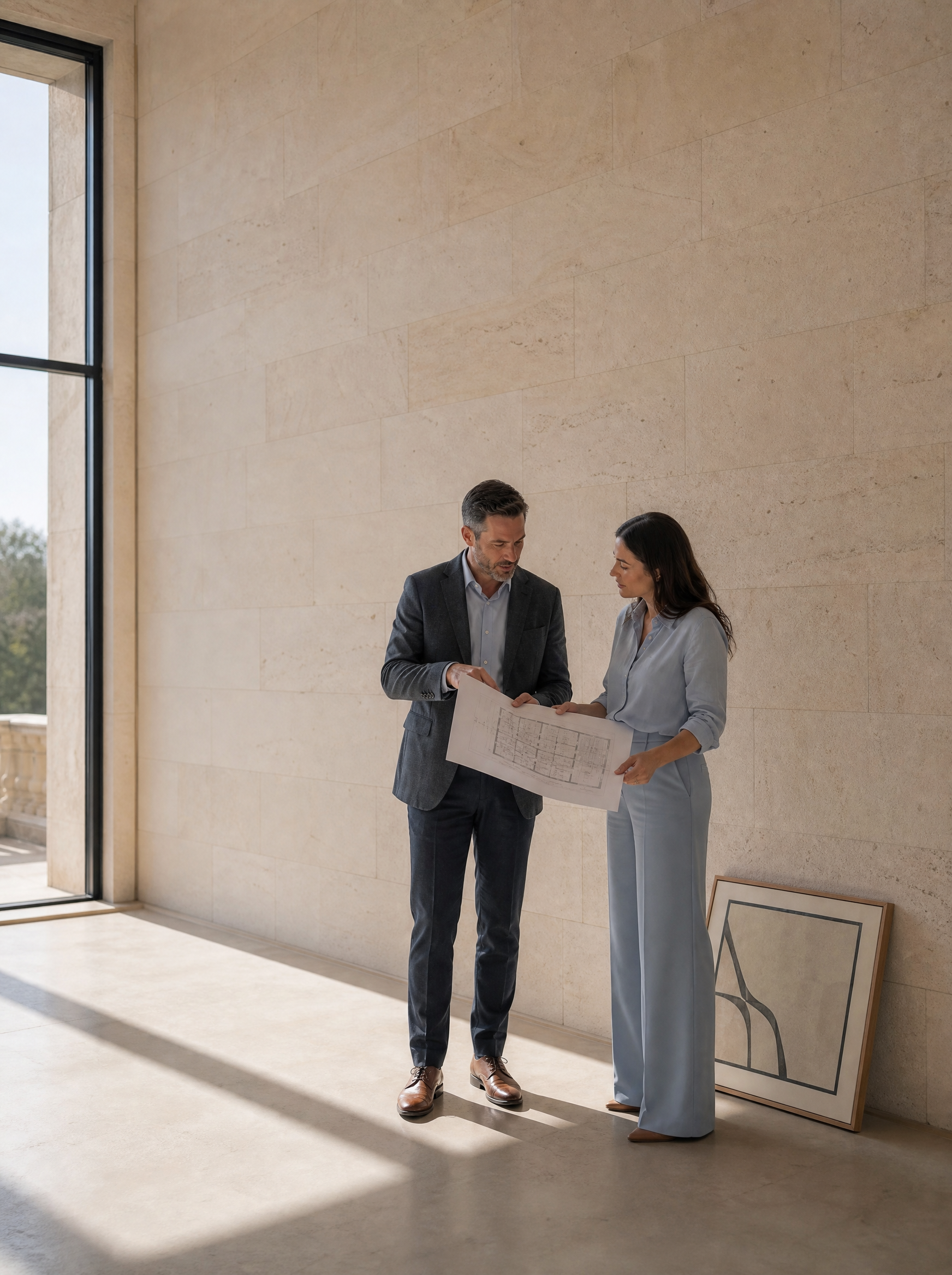 Couple étudiant un plan architectural dans une pièce en travertin baignée de lumière avec vue sur jardin