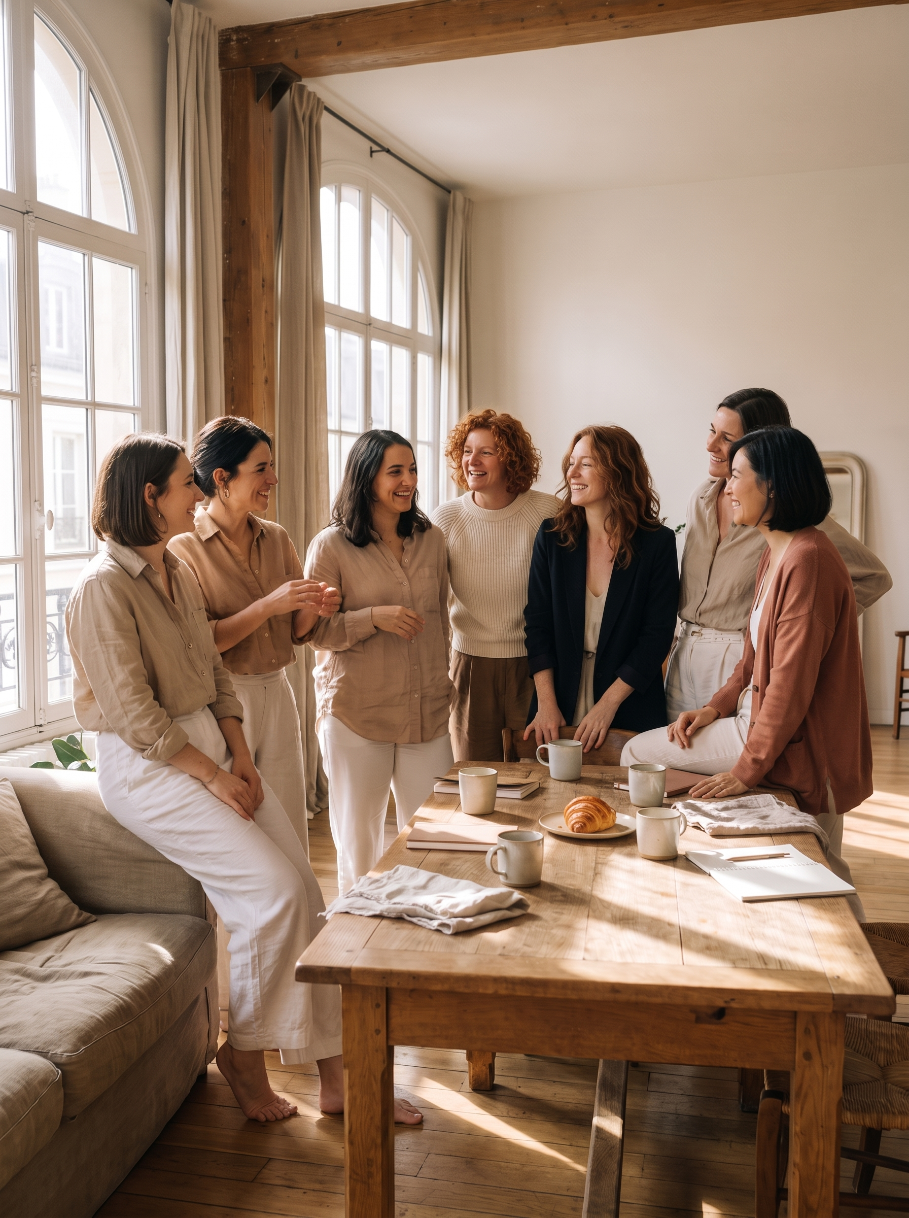 Groupe de sept femmes réunies pour un brunch dans un loft parisien
