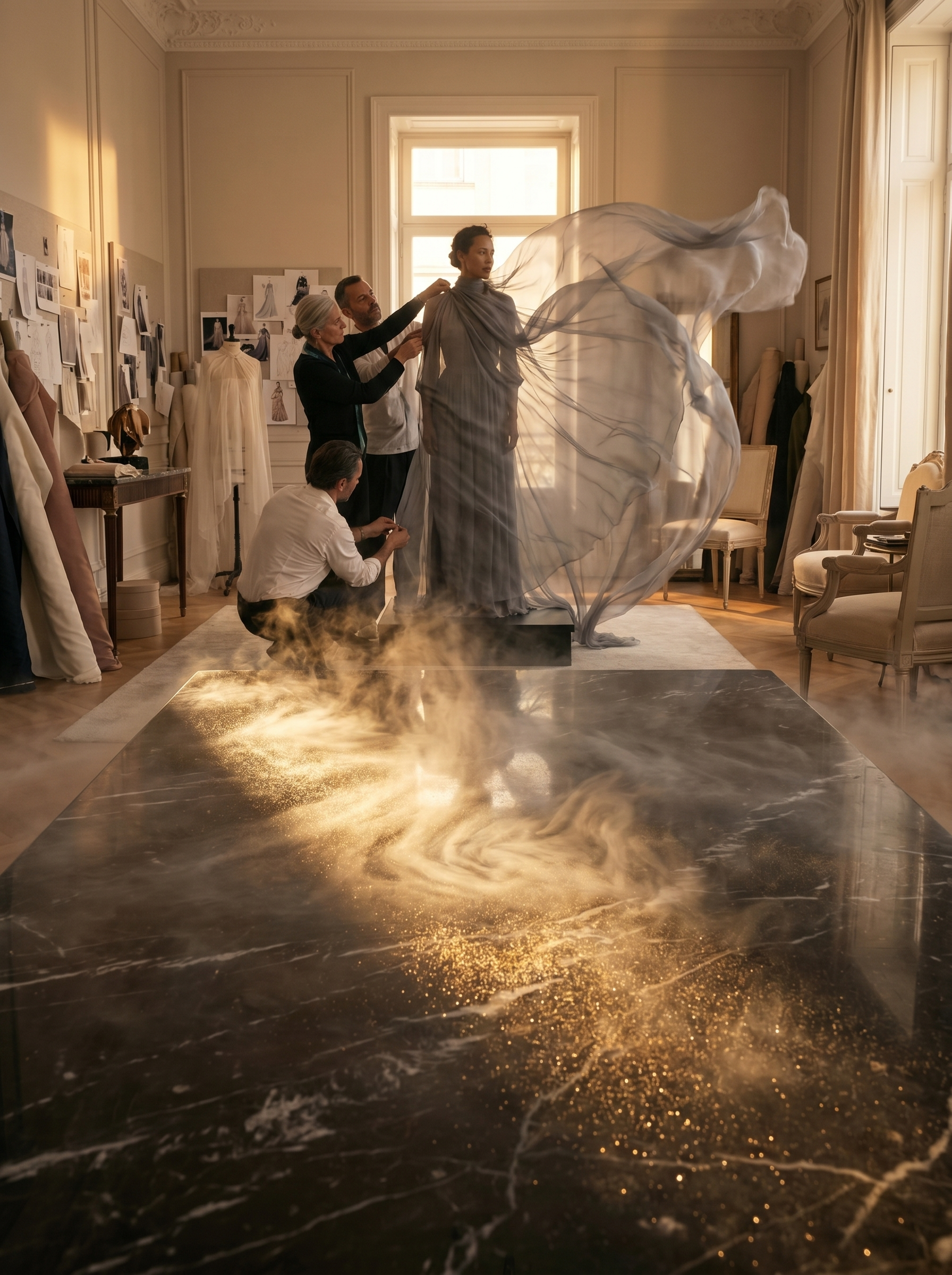 Atelier haute couture – modèle sur table de marbre noir, drapé de gaze, assistants, lumière dorée