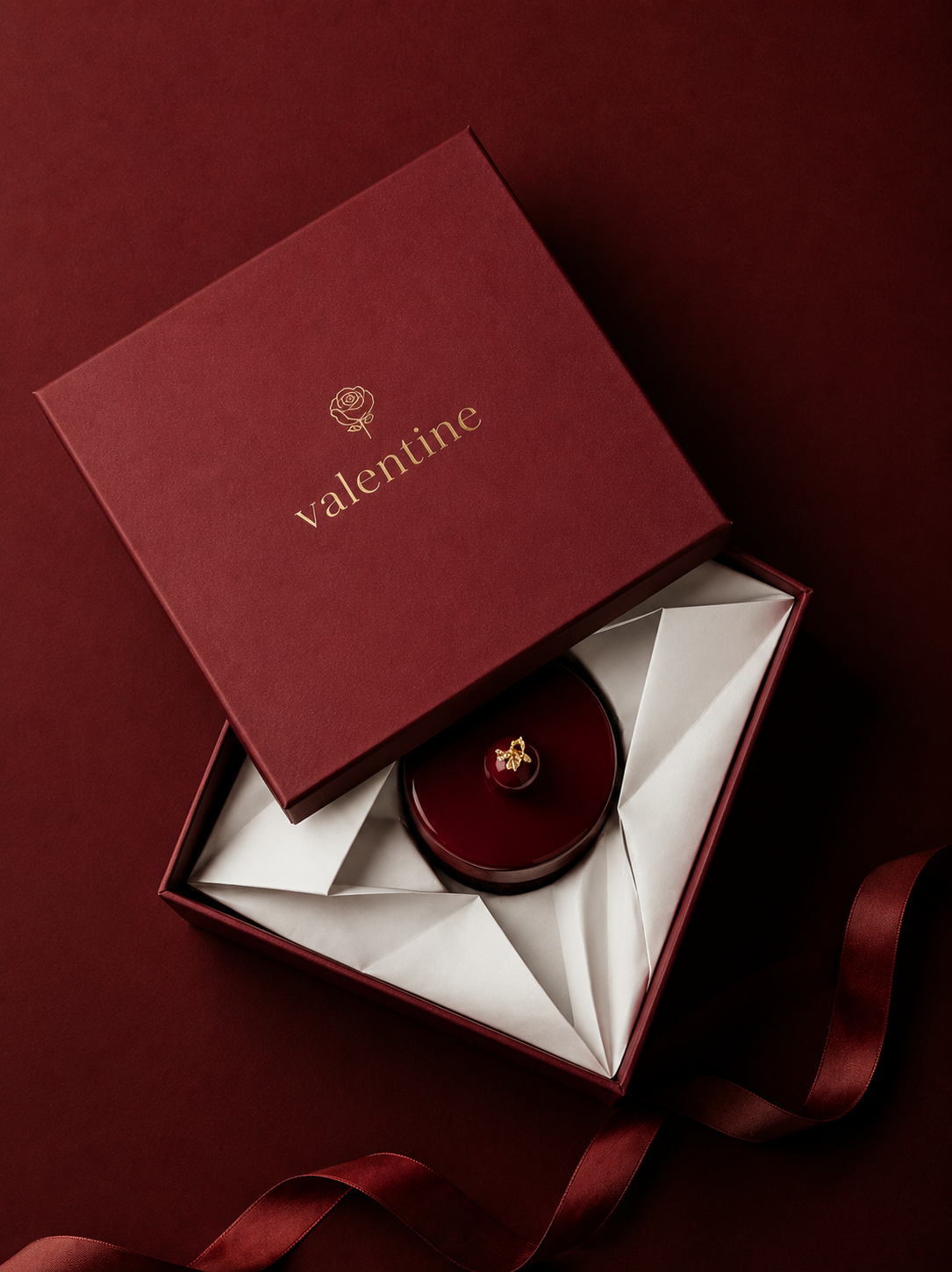 Coffret cadeau pâtisserie bordeaux ouvert – entremets glaçage rouge, papier plissé, ruban satin